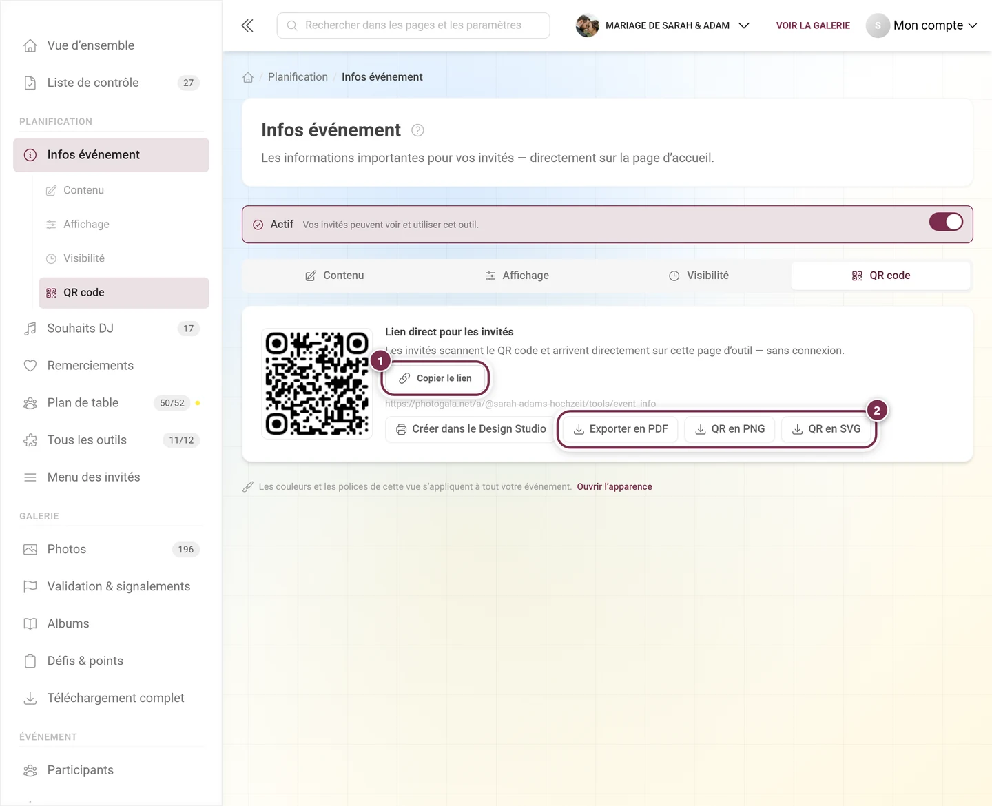 Onglet QR code avec le code, le bouton Copier le lien et les boutons d'export