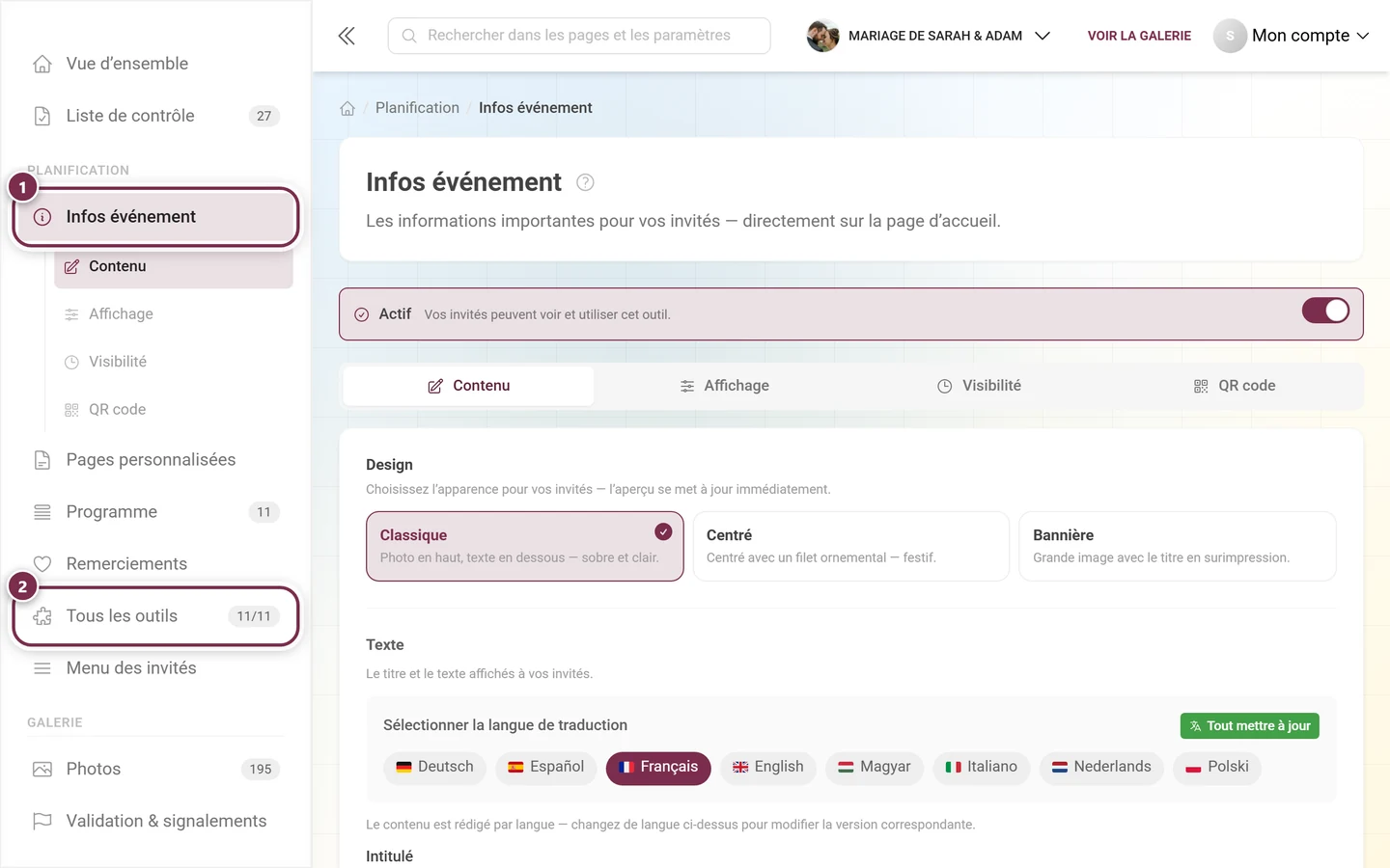 Barre de navigation gauche avec l'entrée Infos événement dépliée et l'entrée Tous les outils