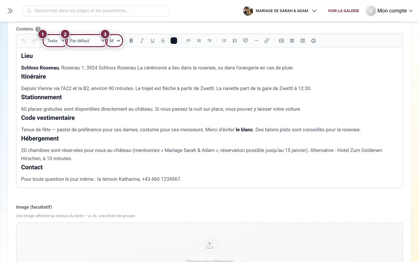 Barre d'outils de l'éditeur de texte enrichi avec les trois menus déroulants mis en évidence