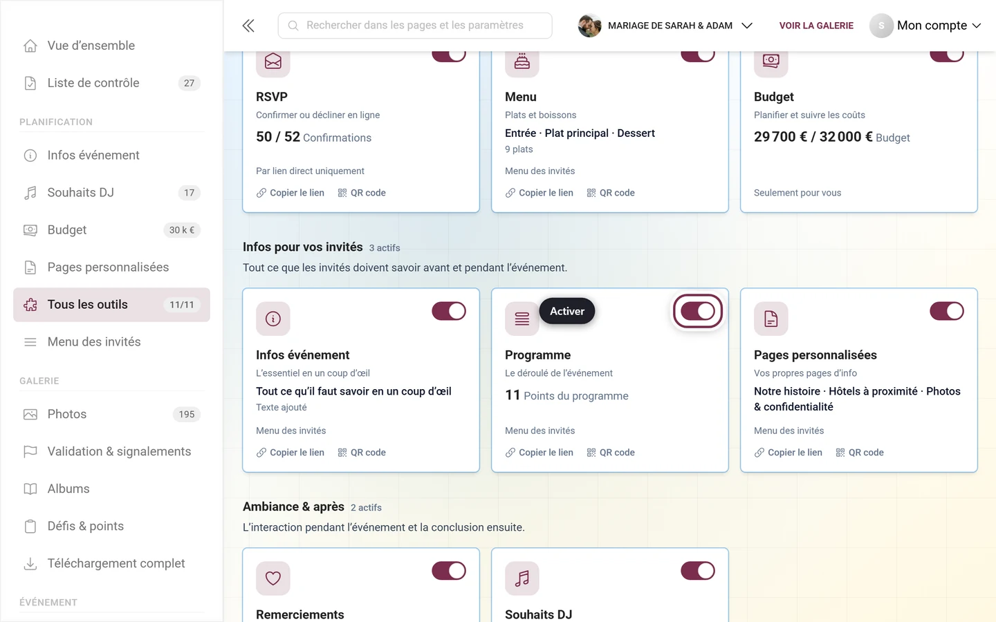 Grille d'outils avec l'interrupteur mis en évidence sur la tuile Programme