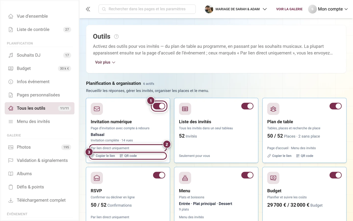 La grille d'outils avec des tuiles pour tous les outils, regroupées en trois catégories