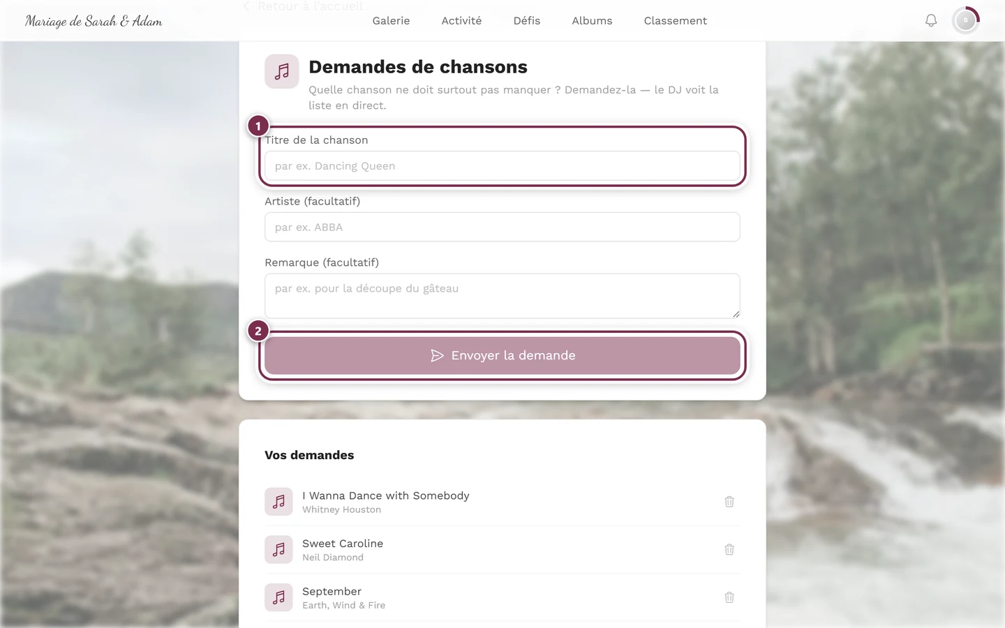 Formulaire de demande côté invité avec des cercles numérotés autour du titre de la chanson et de l'envoi