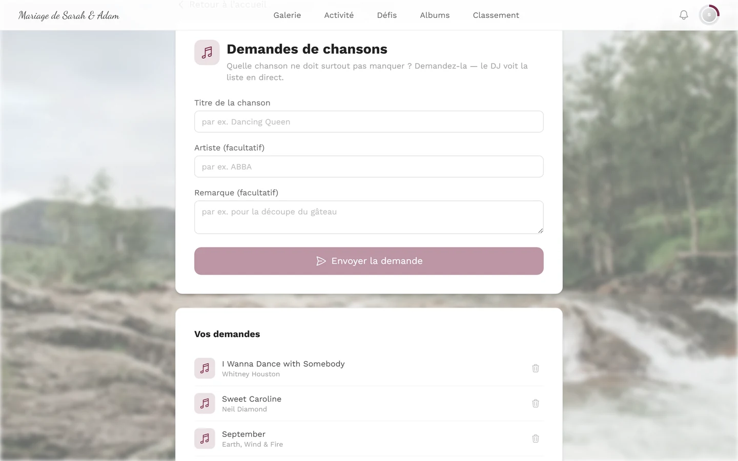 Formulaire de demandes musicales avec les champs Titre de la chanson, Artiste et Remarque