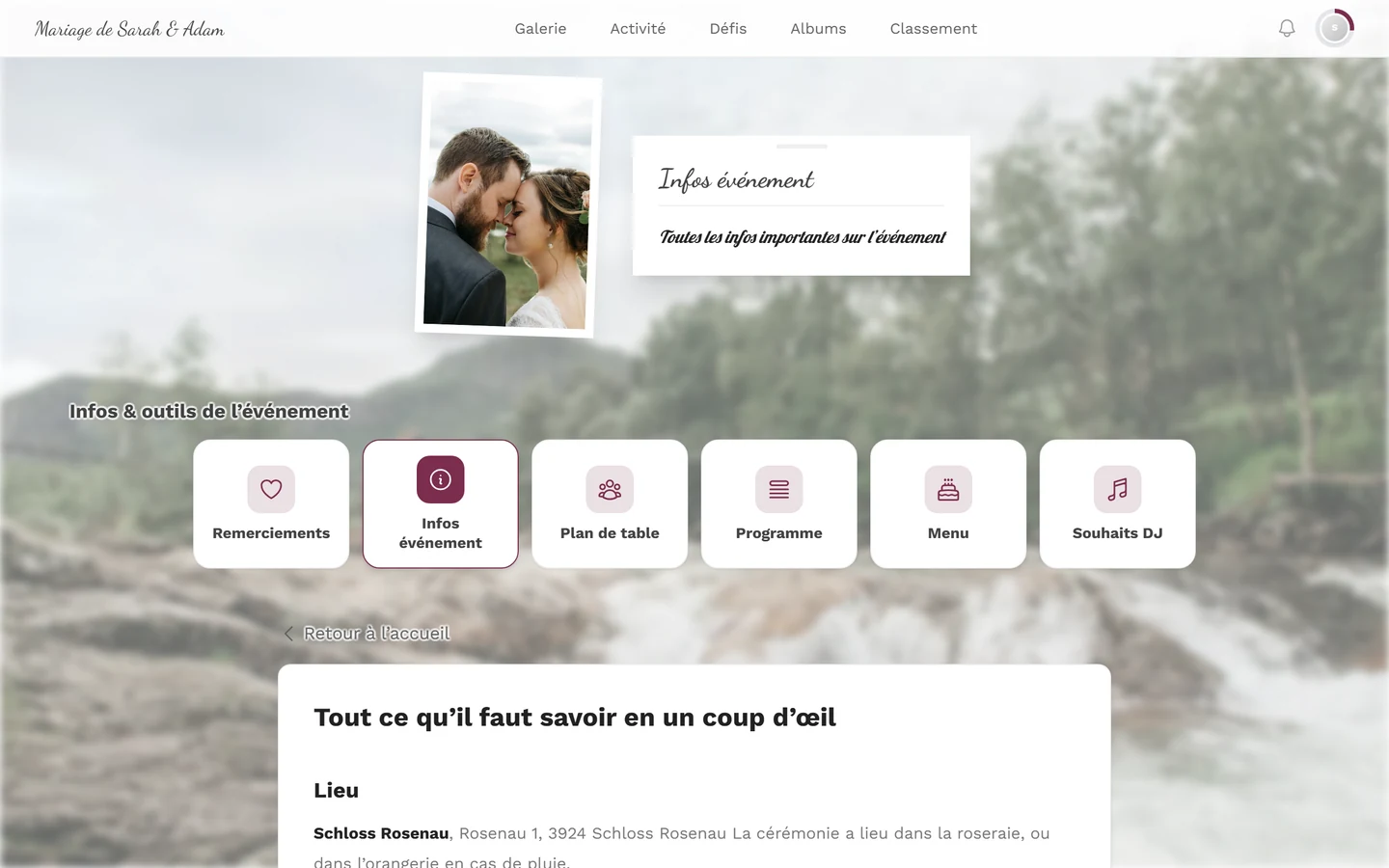 Page d'outil Infos événement vue par l'invité avec des sections sur le lieu, l'accès et le stationnement