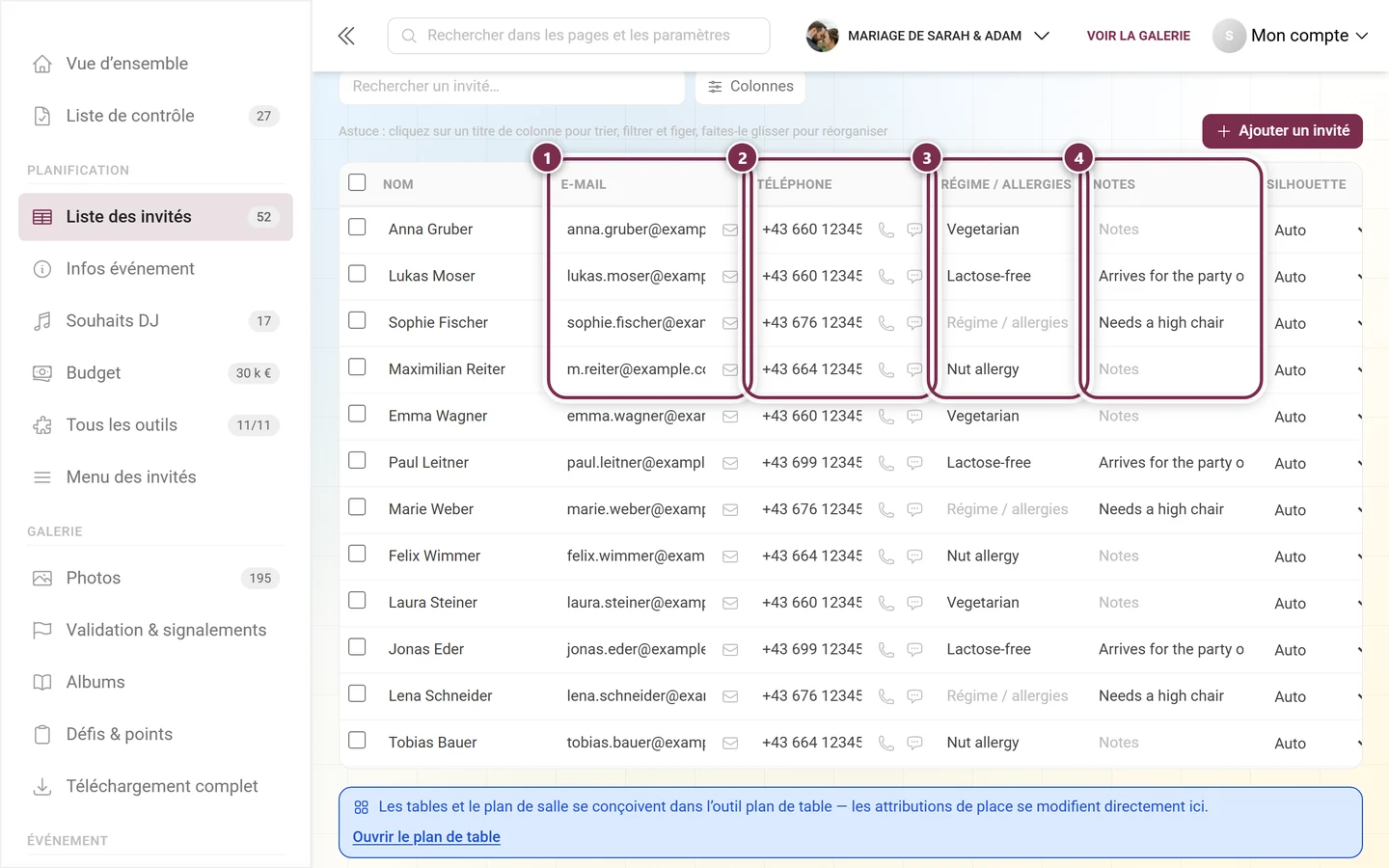 Colonnes e-mail, téléphone, régime et notes de la liste des invités, toutes les quatre mises en évidence