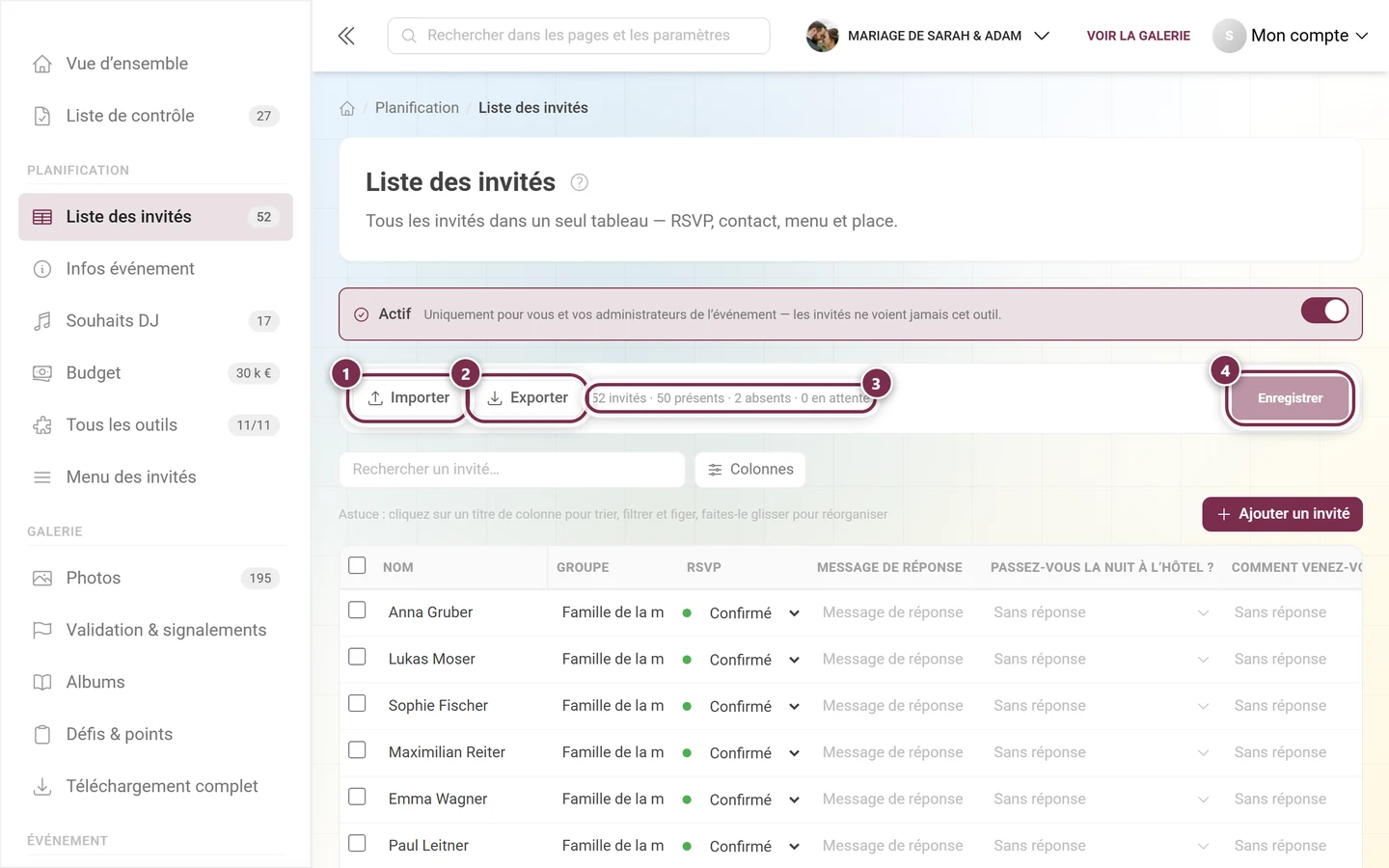 Barre d'actions de la liste des invités avec Importer, Exporter, la ligne de comptage et le bouton Enregistrer mis en évidence