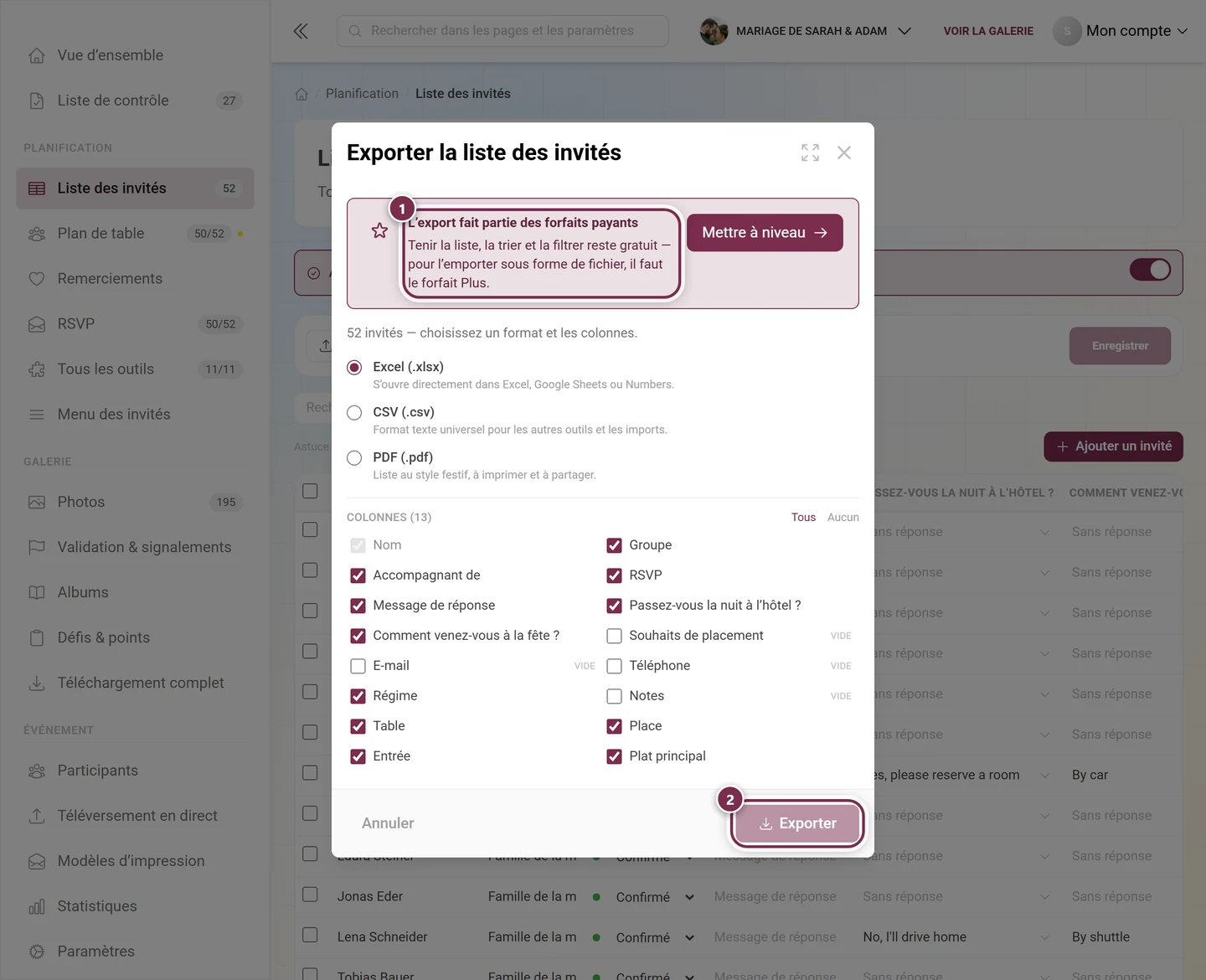 Dialogue d'export de la liste des invités avec l'encadré de mise à niveau et le bouton Exporter grisé mis en évidence