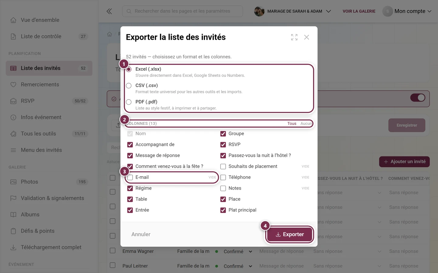 Dialogue Exporter la liste des invités avec les formats, la sélection des colonnes, une colonne vide et le bouton Exporter mis en évidence