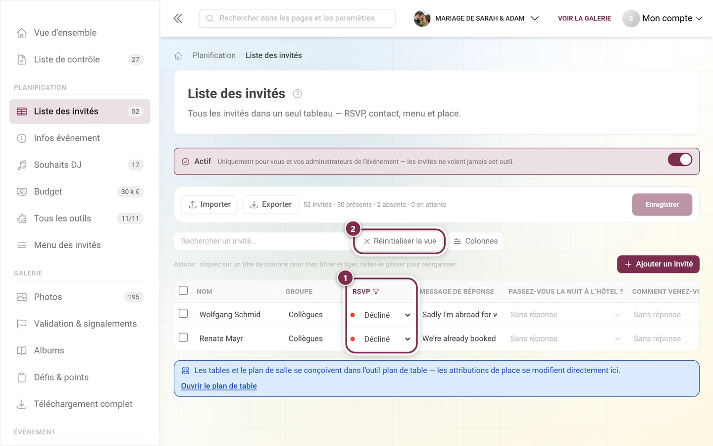 Liste des invités avec la colonne RSVP filtrée et le bouton Effacer les filtres mis en évidence