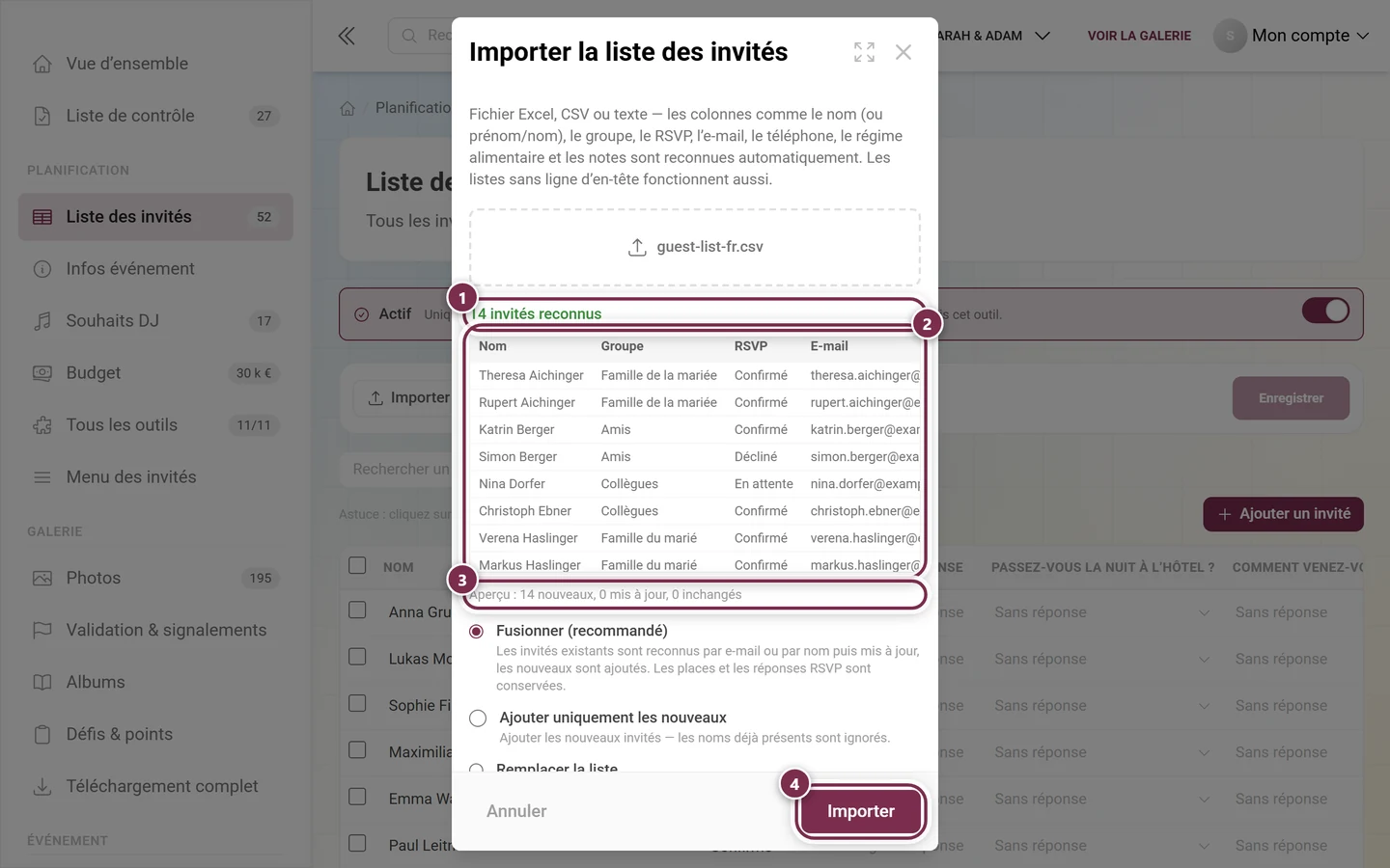 Dialogue d'import de la liste des invités avec la ligne du fichier, le tableau d'aperçu, l'aperçu de fusion et le bouton Importer mis en évidence