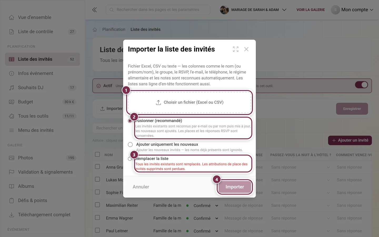 Dialogue Importer la liste des invités avec la sélection de fichier, les modes Fusionner et Remplacer la liste et le bouton Importer mis en évidence