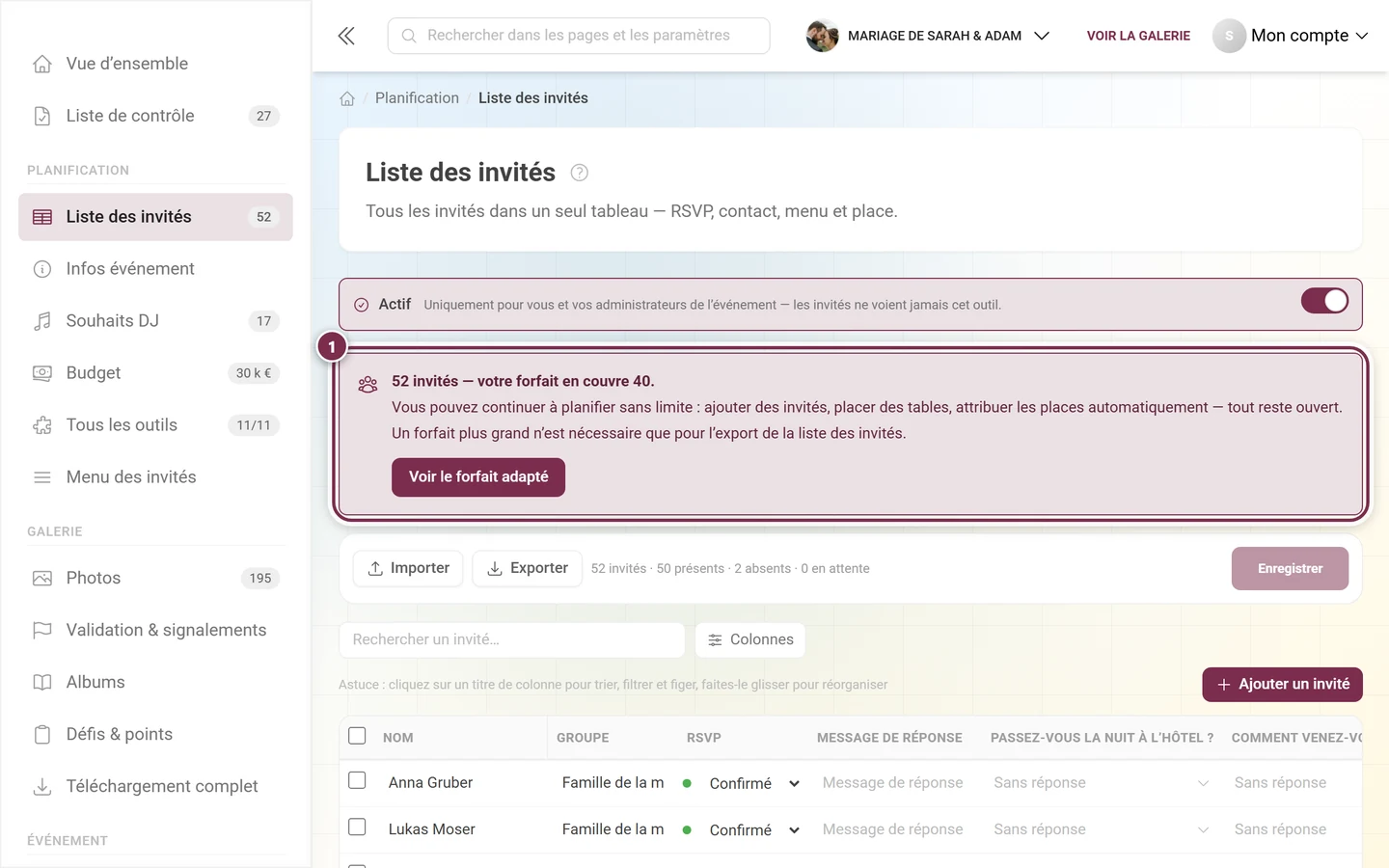Liste des invités avec l'encadré de quota au-dessus de la barre d'actions mis en évidence