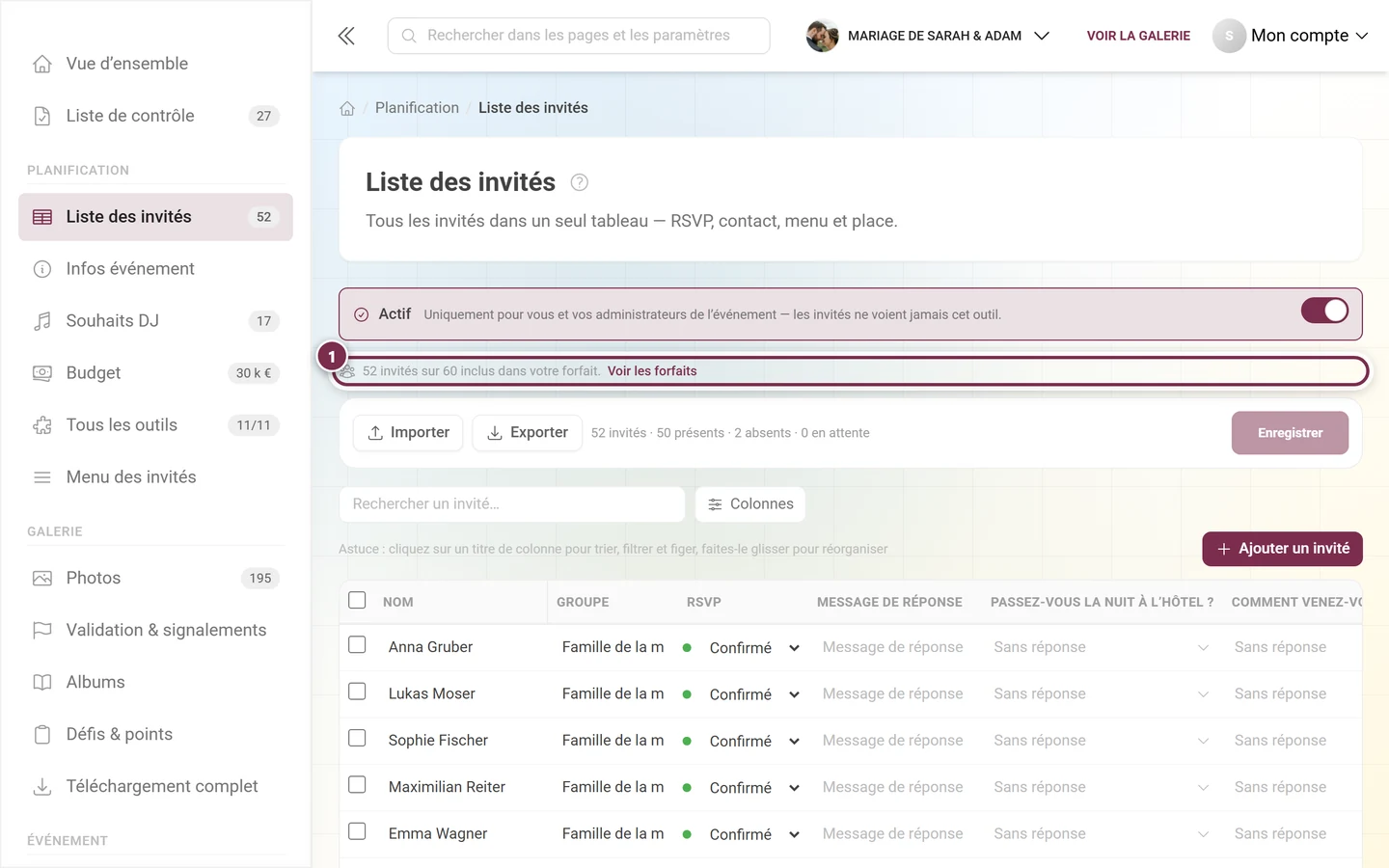 Liste des invités avec le bandeau d'information étroit au-dessus de la barre d'actions mis en évidence