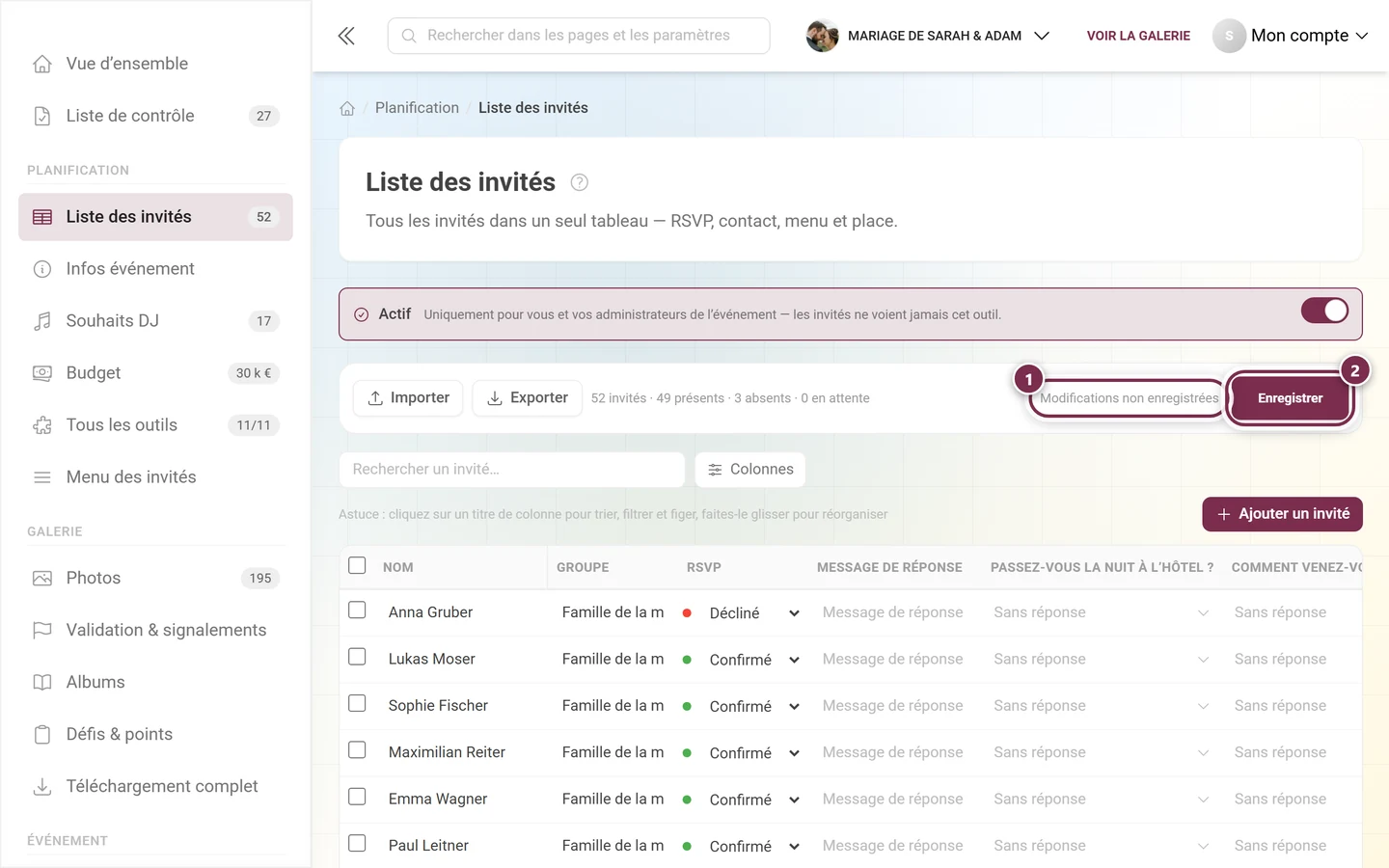 Barre d'actions de la liste des invités avec la mention Modifications non enregistrées et le bouton Enregistrer actif mis en évidence