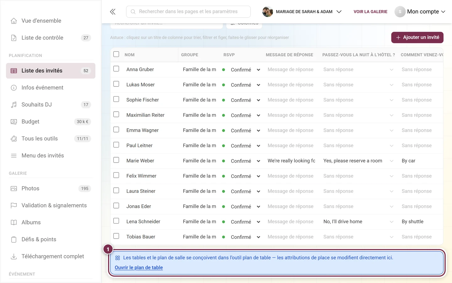 Liste des invités avec le bandeau d'information en bas du tableau mis en évidence