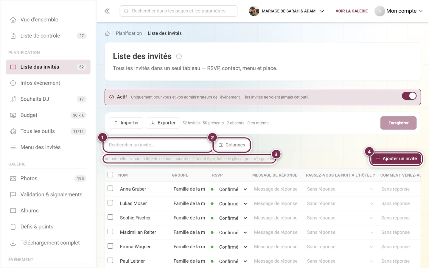 Barre au-dessus du tableau avec le champ de recherche, le bouton Colonnes, l'astuce d'utilisation et Ajouter un invité mis en évidence