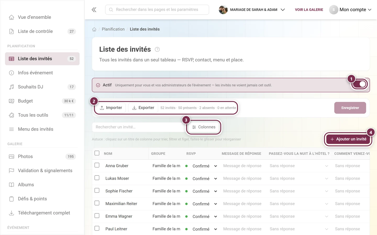 Liste des invités avec l'interrupteur Actif, Importer et Exporter, le bouton Colonnes et Ajouter un invité mis en évidence