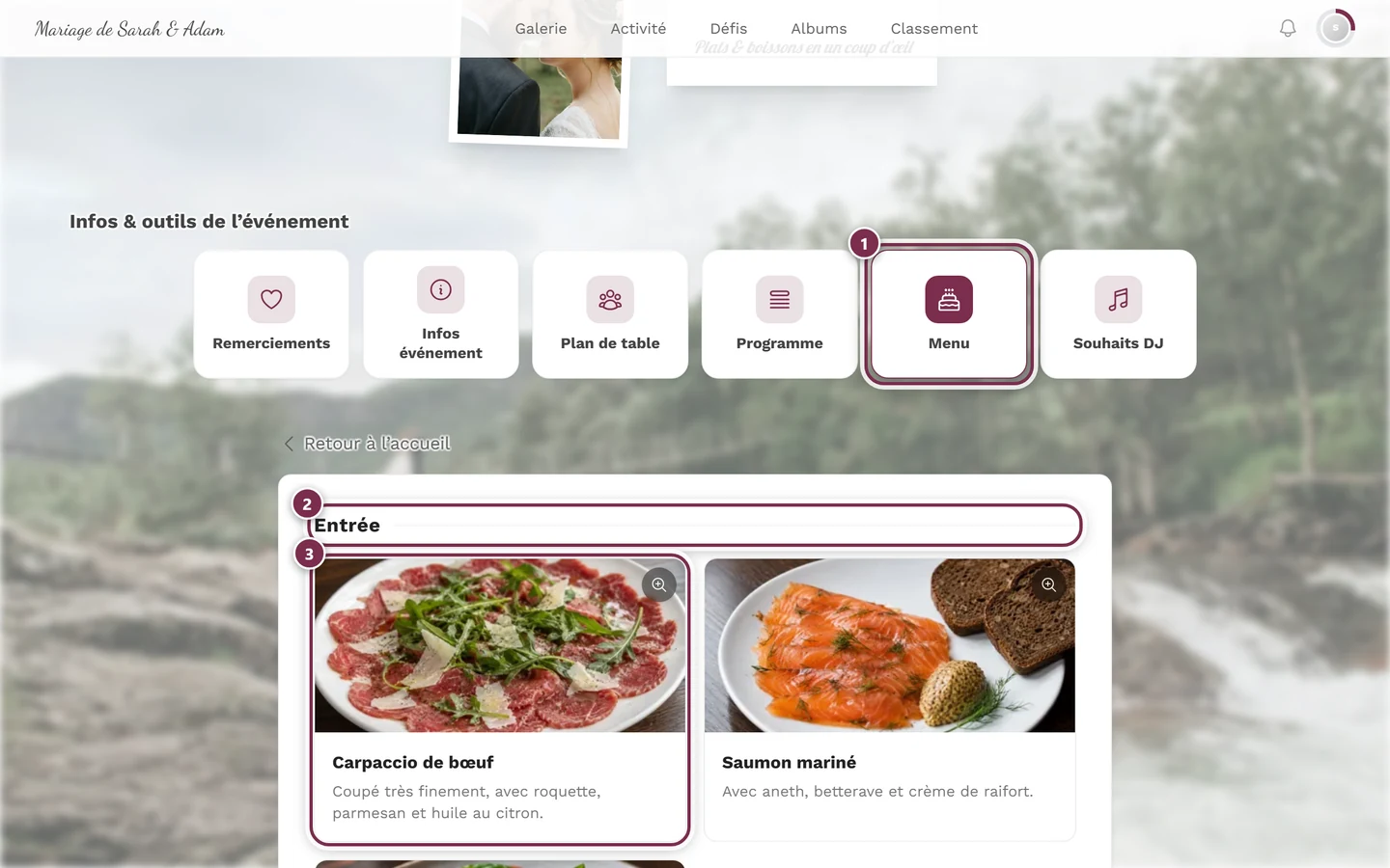 Page du menu avec les services et les plats