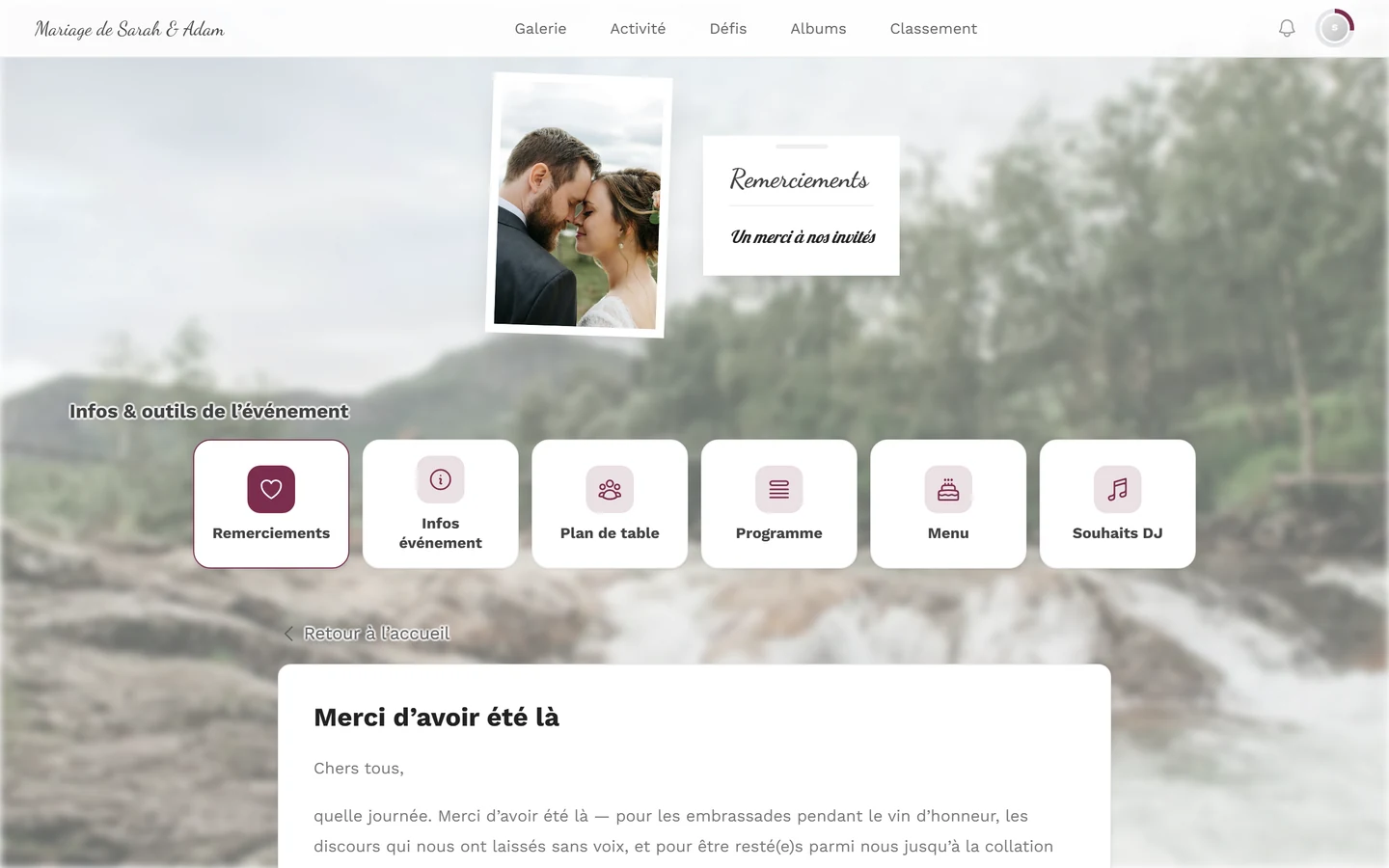 Page de remerciement vue par l'invité avec titre, texte et la tuile Page de remerciement mise en évidence