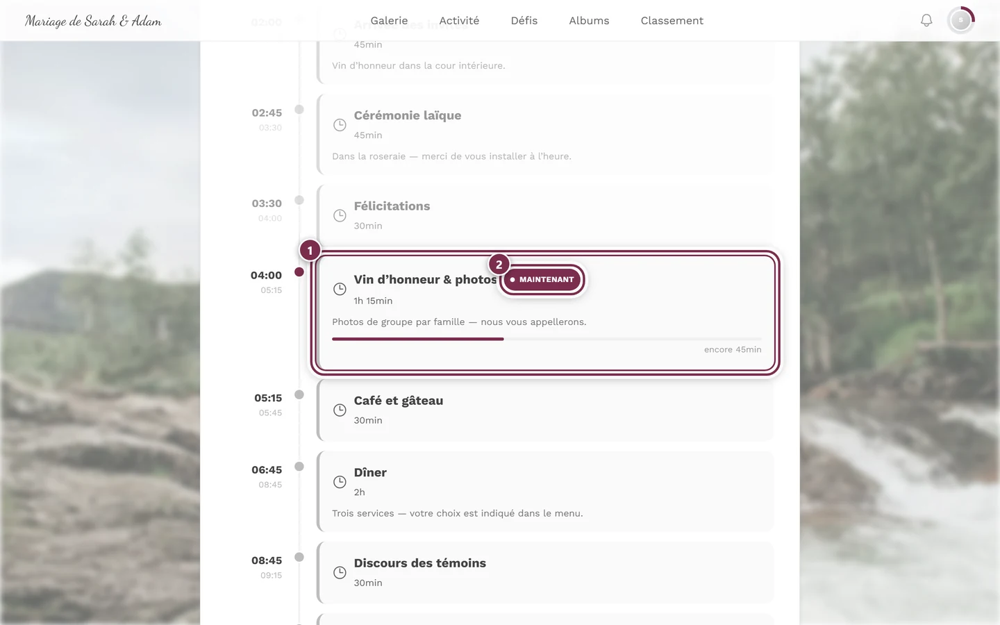 Programme pendant l'événement avec le moment en cours mis en évidence et la mention Maintenant