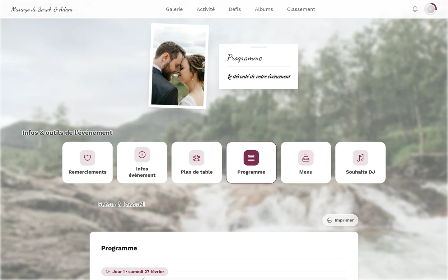 Page Programme avec les moments de l'événement et le bouton Imprimer