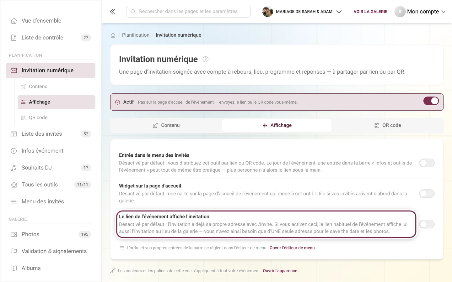 Onglet Affichage de l'invitation avec l'interrupteur du lien de l'événement mis en évidence