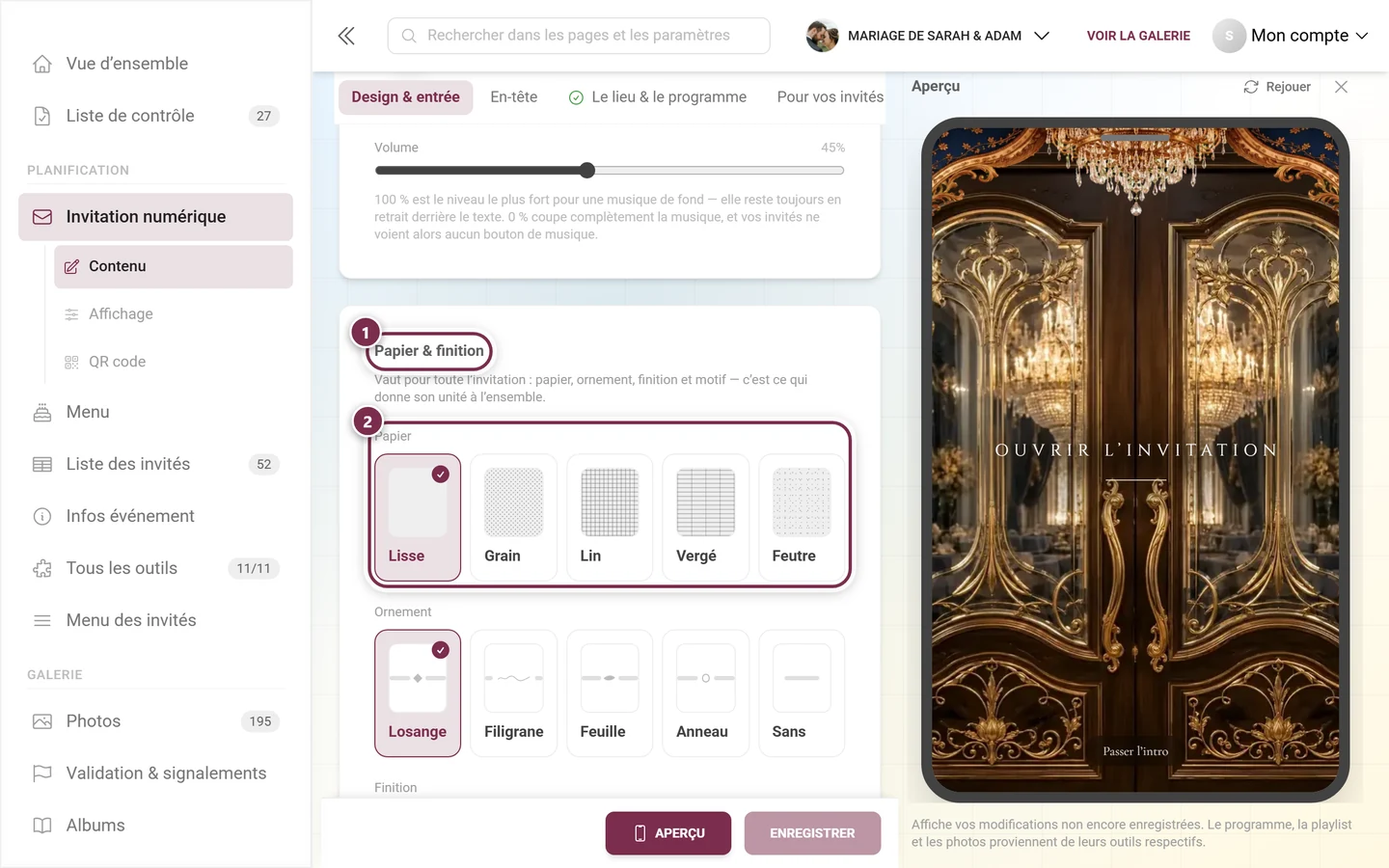 Section Papier & finition avec des anneaux numérotés autour du titre et du choix du papier