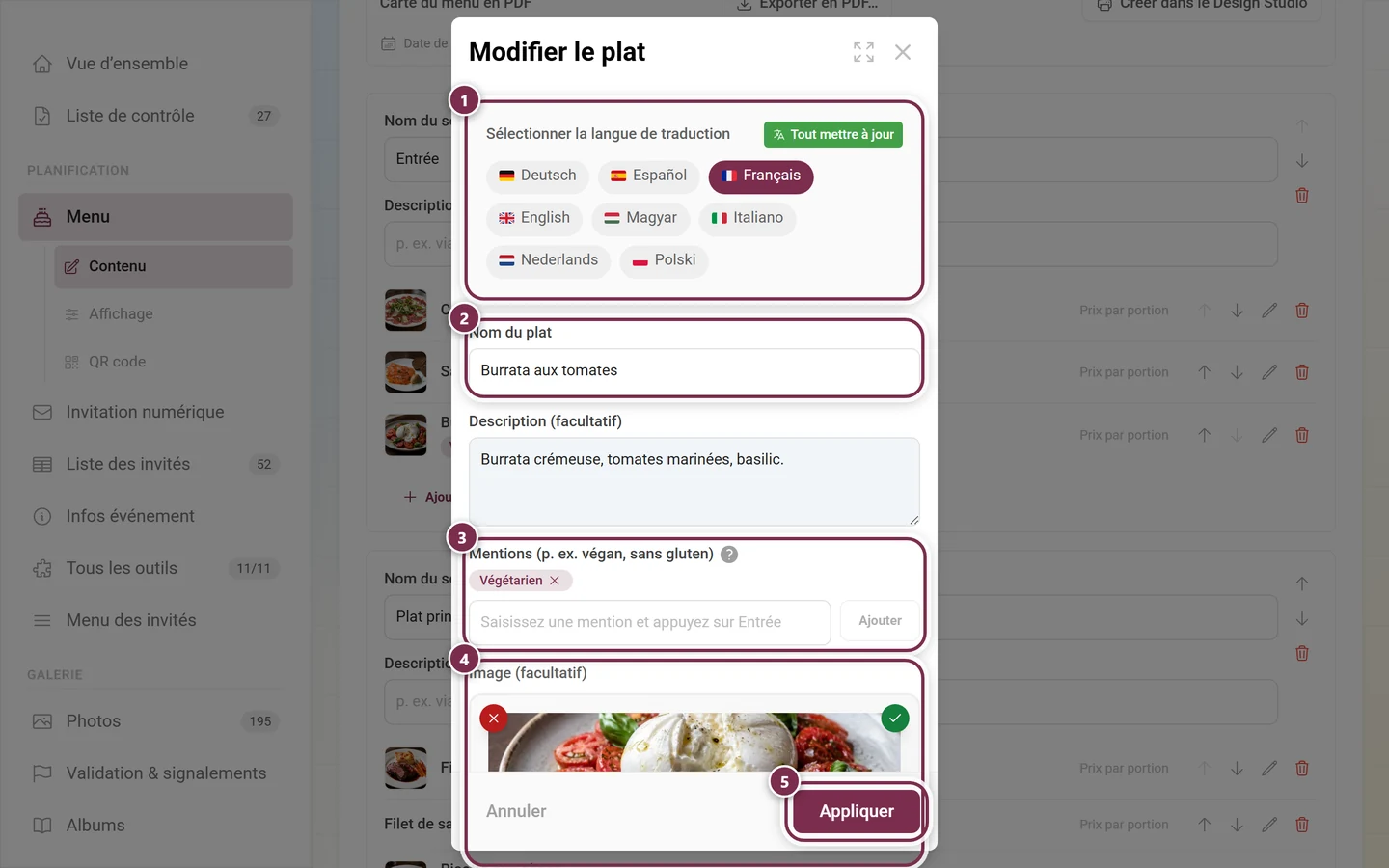 Boîte de dialogue Modifier le plat avec choix de la langue, nom, description, la puce végétarien et une photo dans le champ image