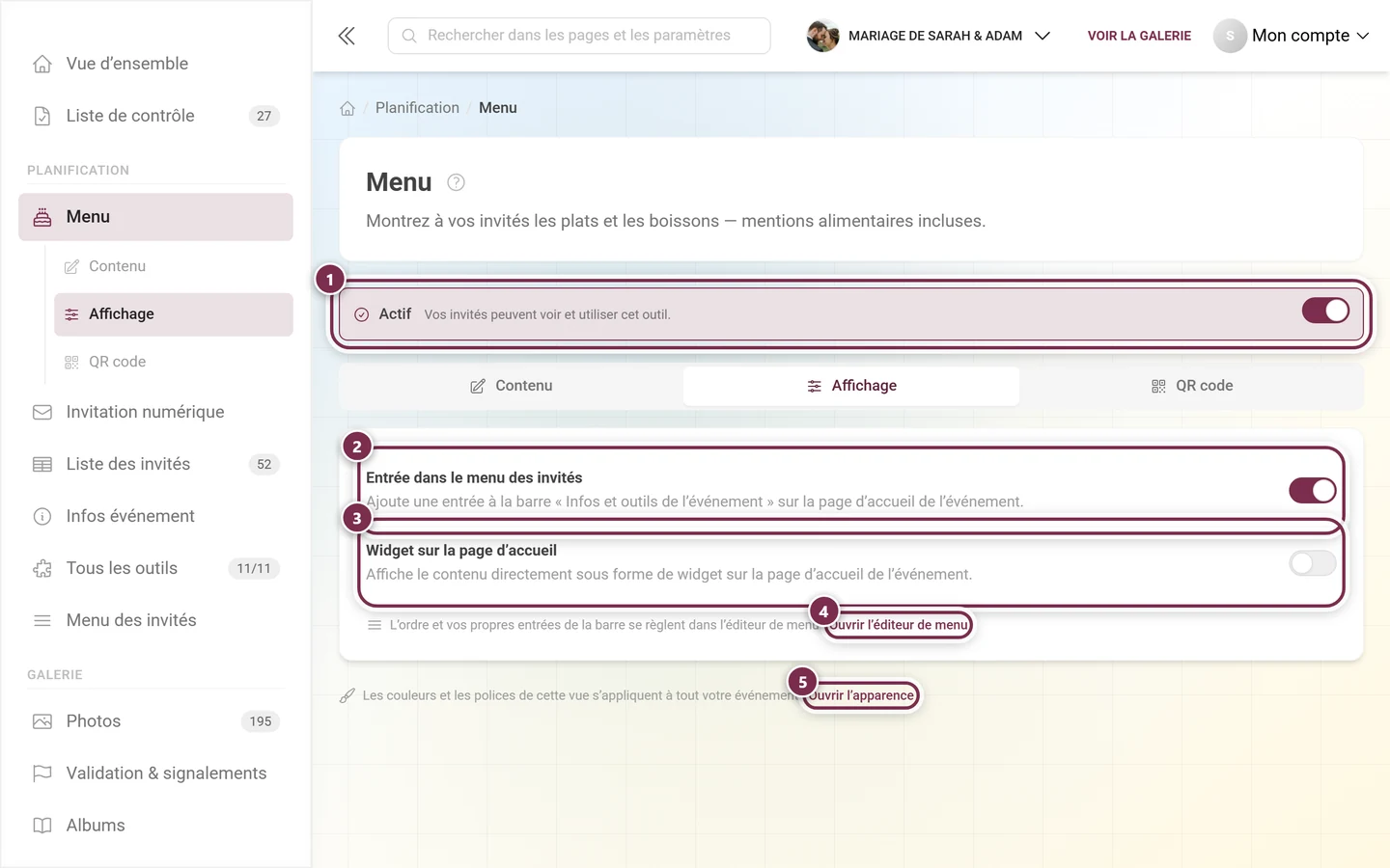 Onglet Affichage de l'outil menu avec l'interrupteur Actif, Entrée dans le menu des invités et Widget sur la page d'accueil