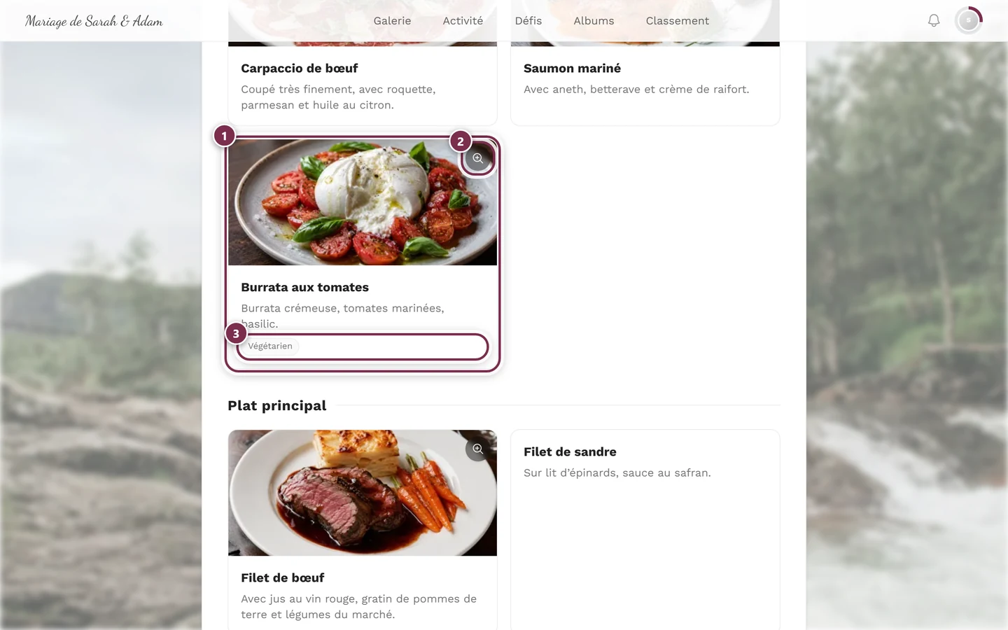 Gros plan d'une carte de plat avec photo, loupe et étiquette végétarien