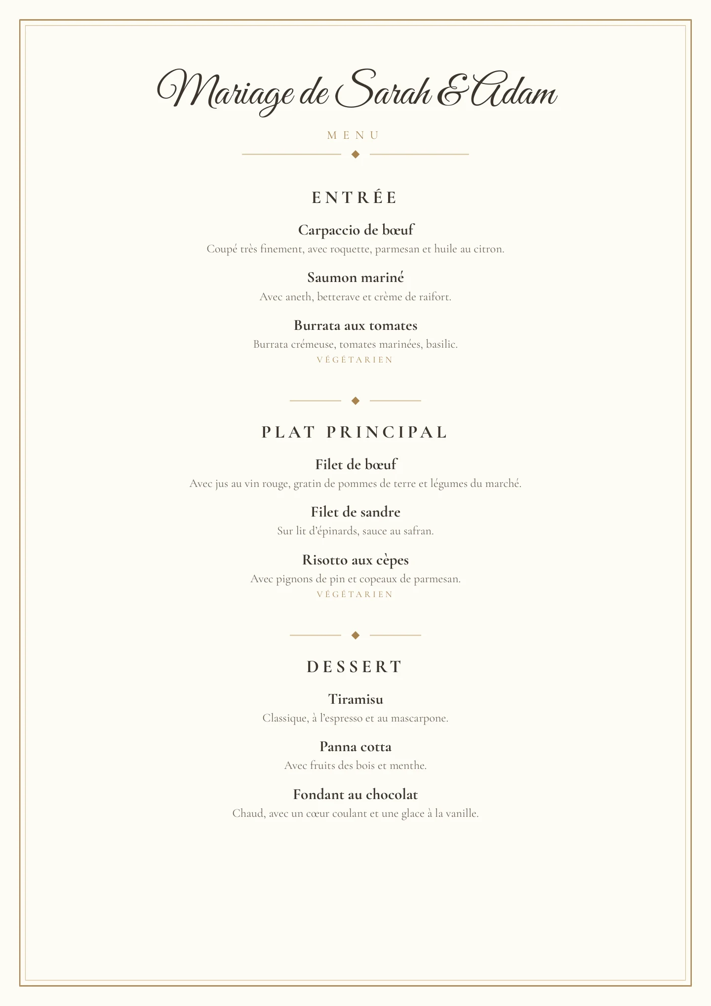 Carte du menu finale en PDF dans le style Or & ivoire avec les services Entrée, Plat principal et Dessert