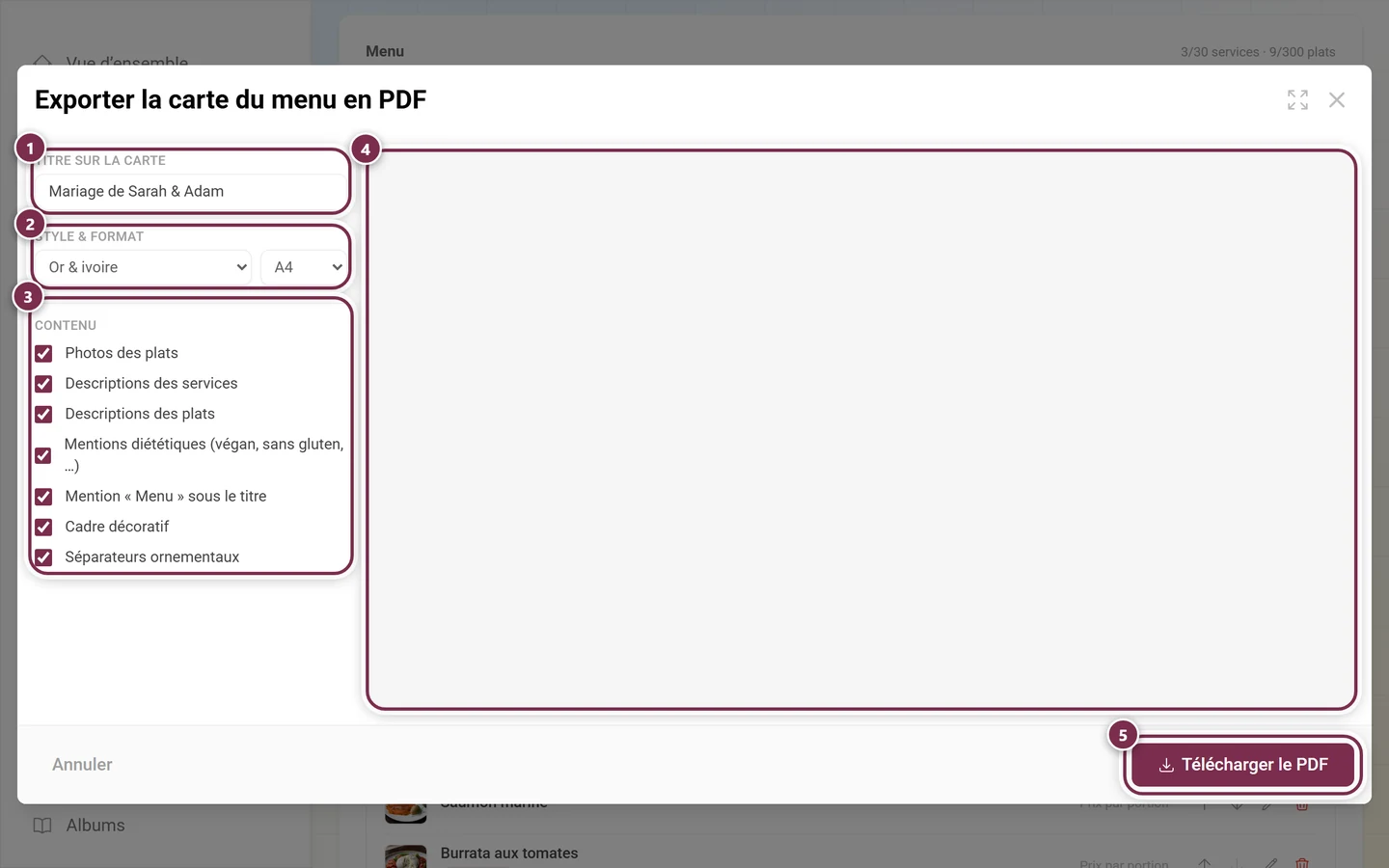 Boîte de dialogue Exporter la carte du menu en PDF avec les réglages à gauche et l'aperçu en direct à droite