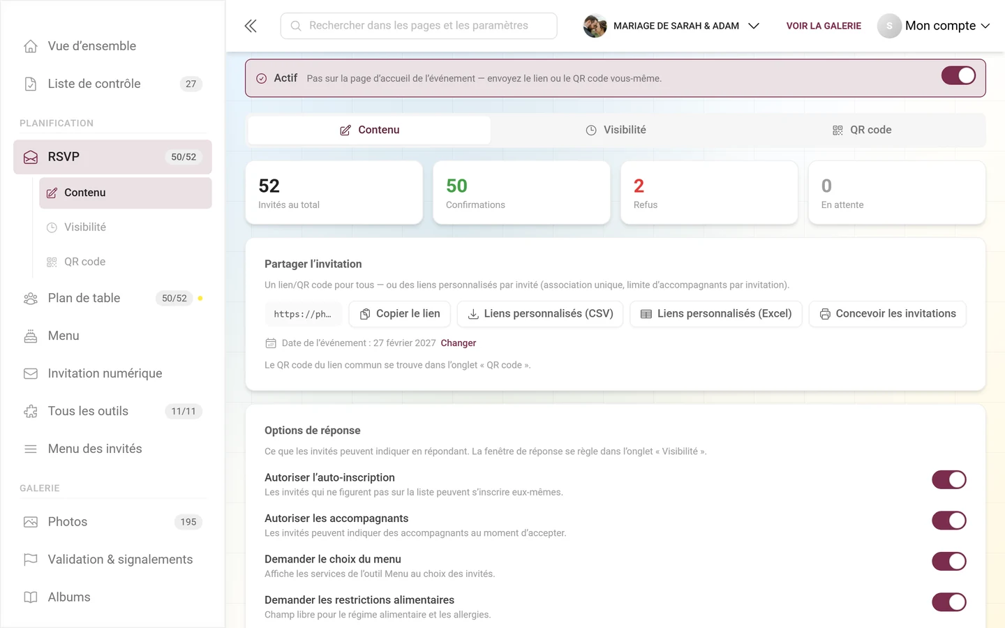 Section Partager l'invitation avec copie du lien et les téléchargements CSV et Excel