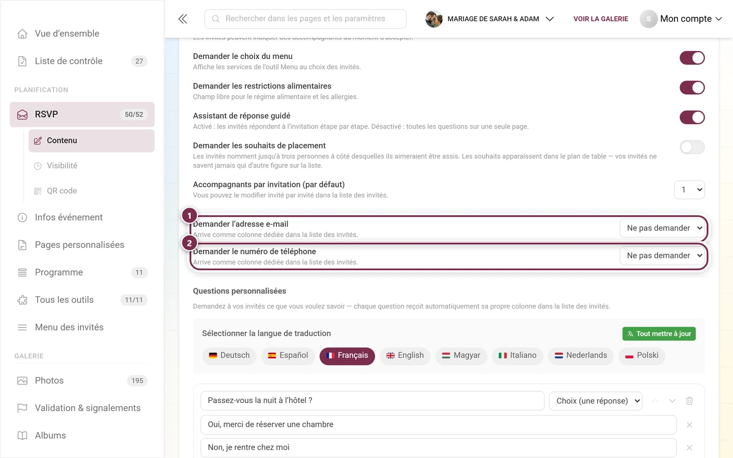 Les deux questions de contact pour l'adresse e-mail et le numéro de téléphone