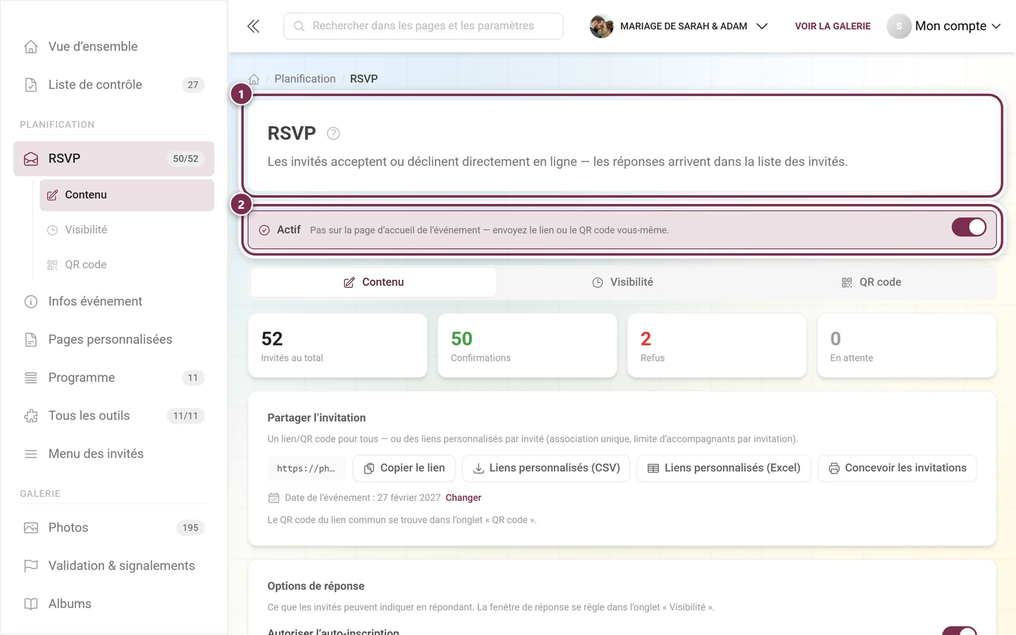 En-tête de l'éditeur RSVP avec le titre et le bandeau actif