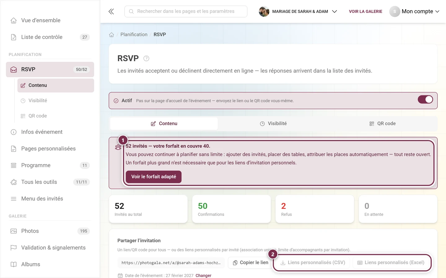 Encadré de quota au-dessus de l'éditeur et les boutons grisés pour les liens personnalisés
