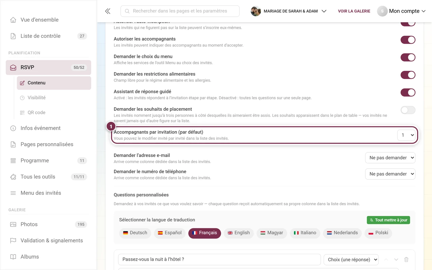 Le menu déroulant Accompagnants par invitation (par défaut)
