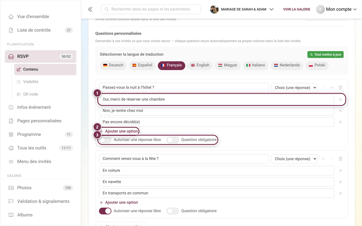 Options de réponse d'une question à choix avec Ajouter une option et les deux commutateurs