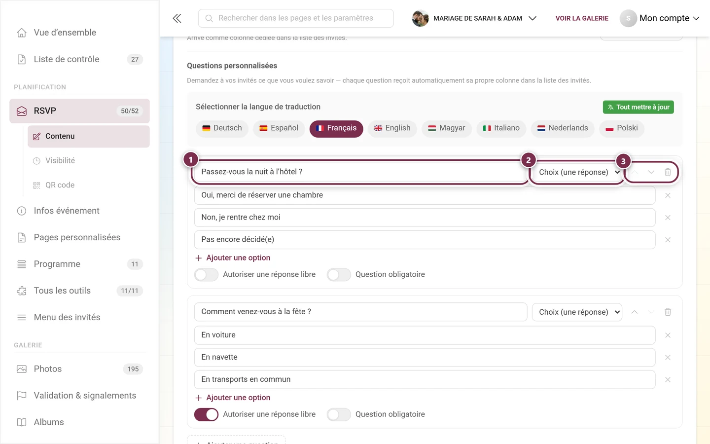 Anatomie d'une question personnalisée : champ de texte, type de question et les trois icônes d'outils