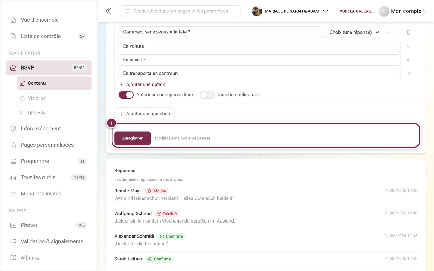 La ligne d'enregistrement avec l'indication Modifications non enregistrées