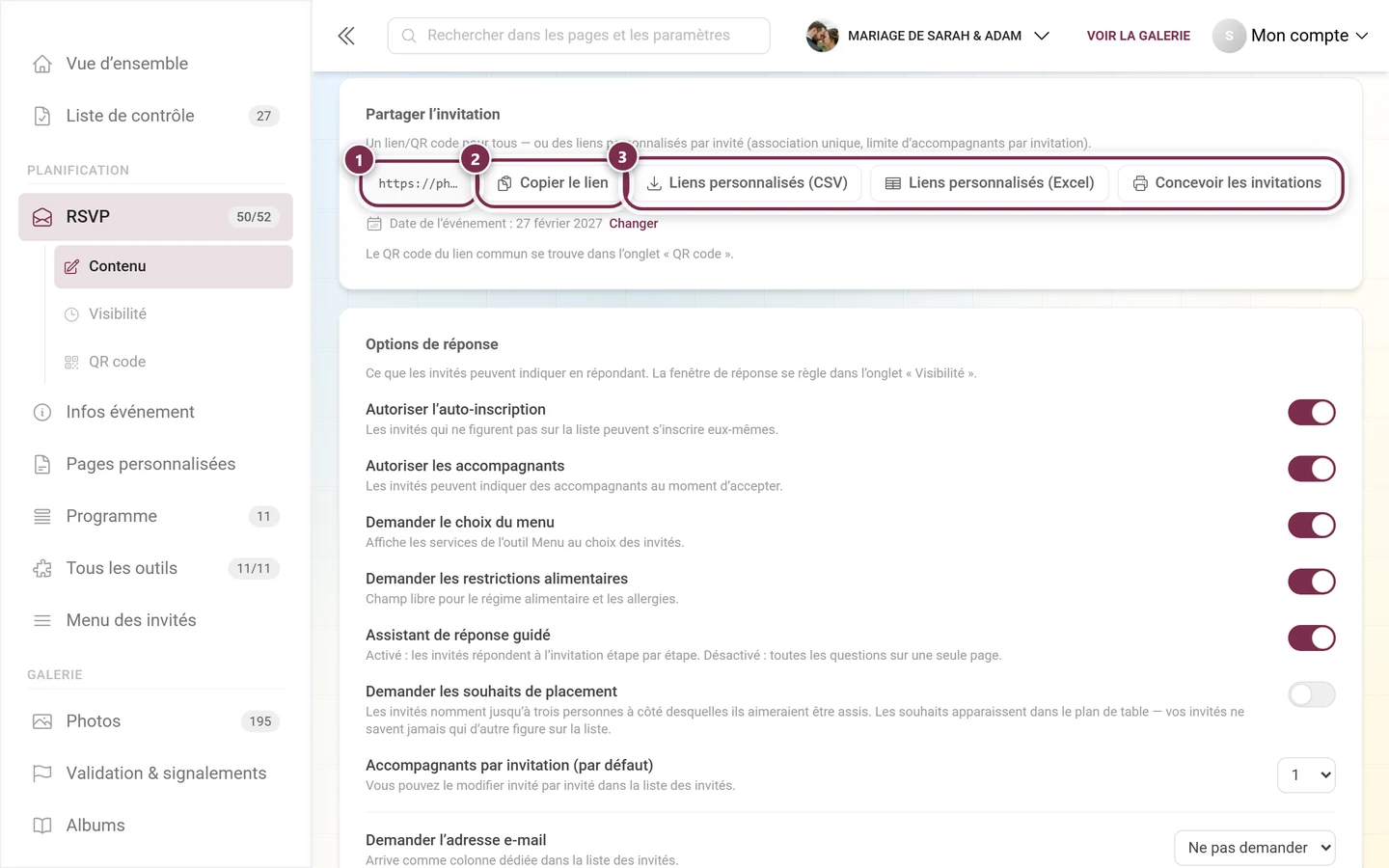 Section Partager l'invitation avec l'adresse, Copier le lien et les trois boutons de diffusion
