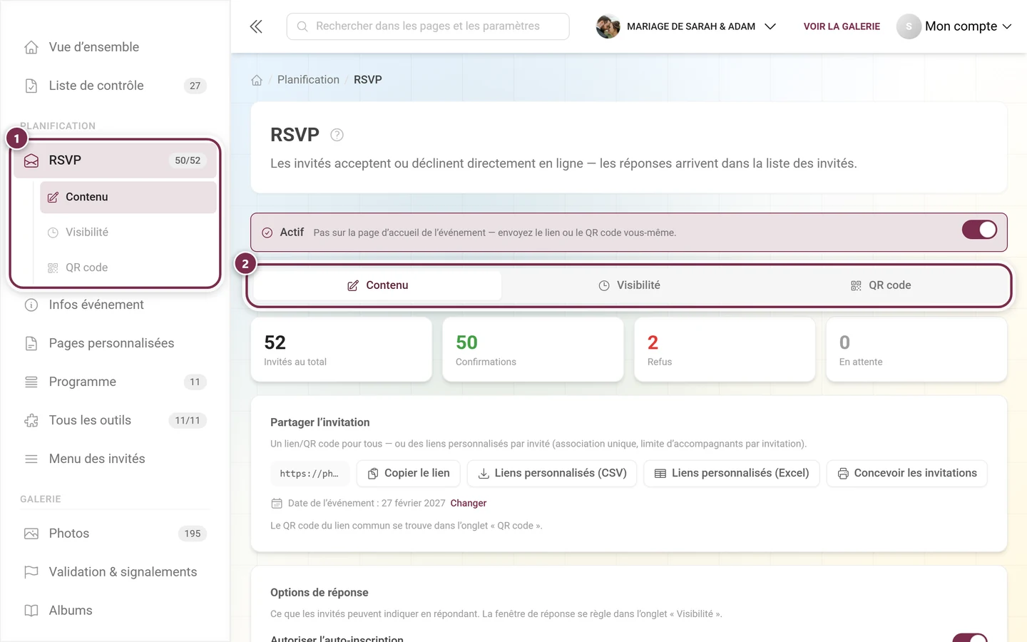 Barre latérale avec l'entrée RSVP mise en évidence sous Planification et la barre d'onglets de l'éditeur