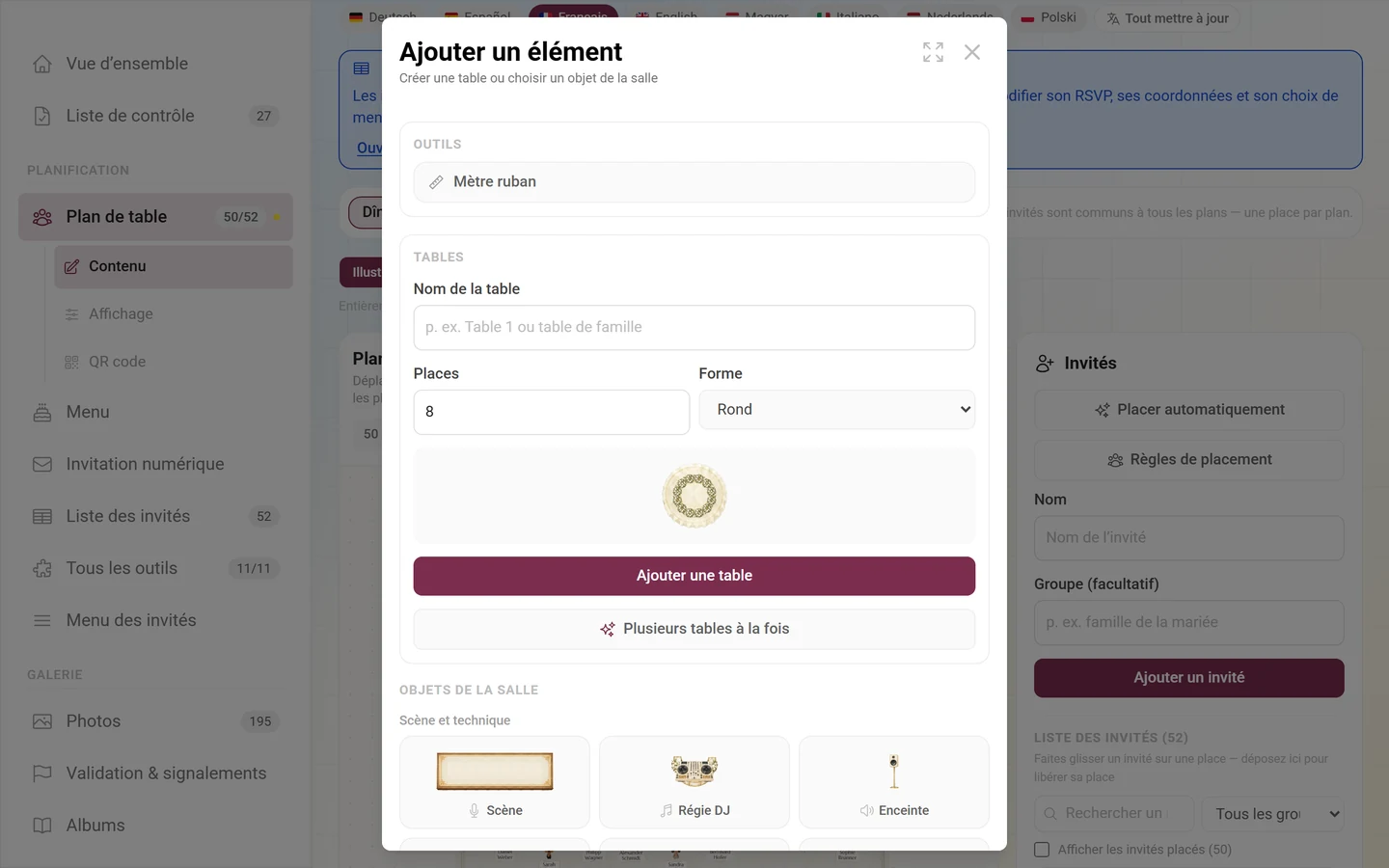 Boîte de dialogue Ajouter un élément avec le formulaire de table et les objets de salle