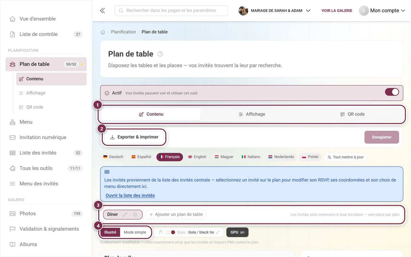Éditeur du plan de table avec la note bleue sur la liste centrale des invités et le sélecteur de plan