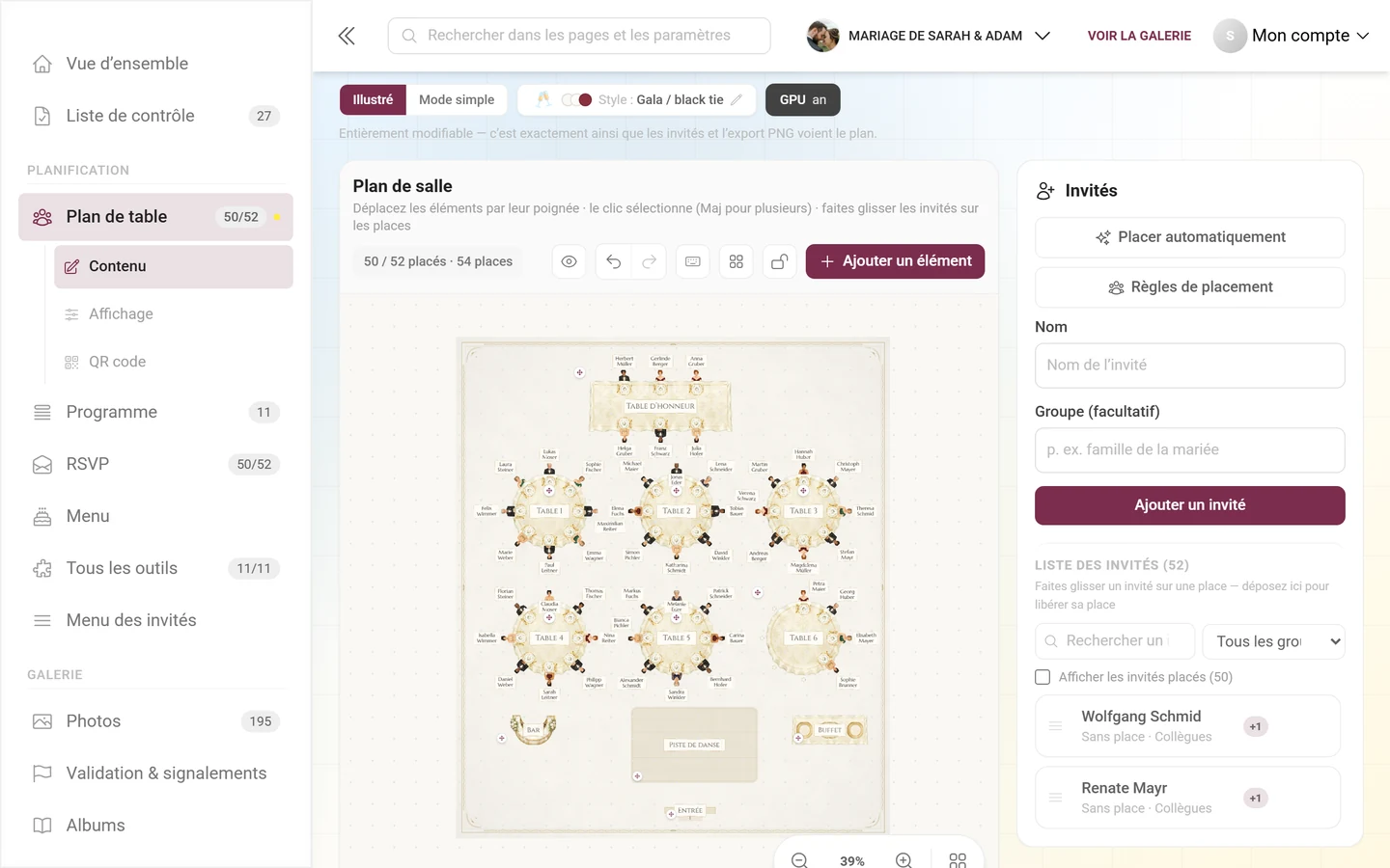 Panneau des invités à côté du plan de salle avec la recherche, la progression et les boutons Placement automatique et Règles de placement
