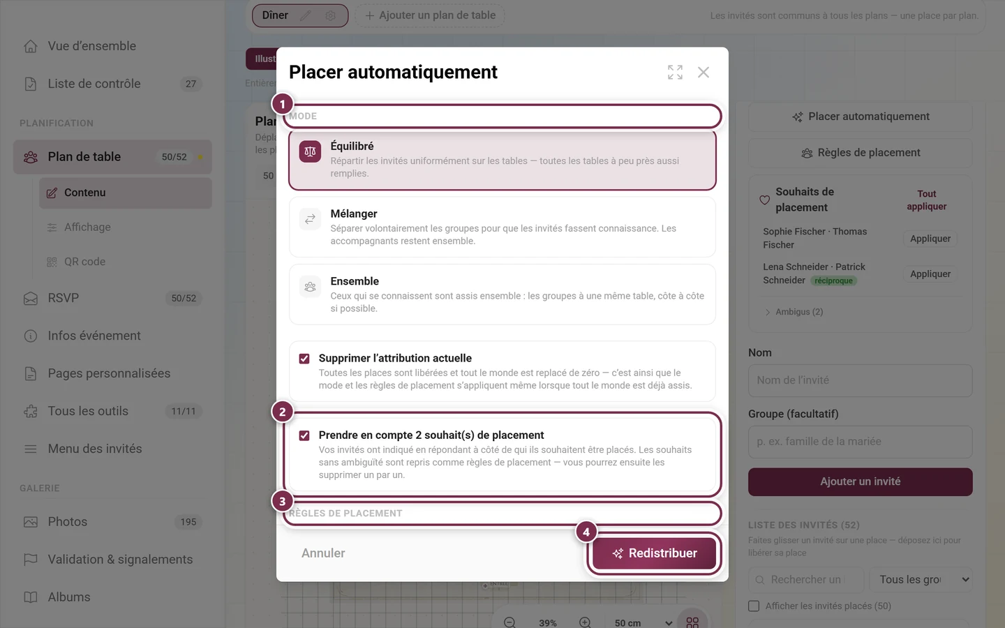 Boîte de dialogue Placer automatiquement avec la zone de mode mise en évidence, l'option de souhaits, la section des règles de placement et le bouton désactivé Tout le monde a déjà une place