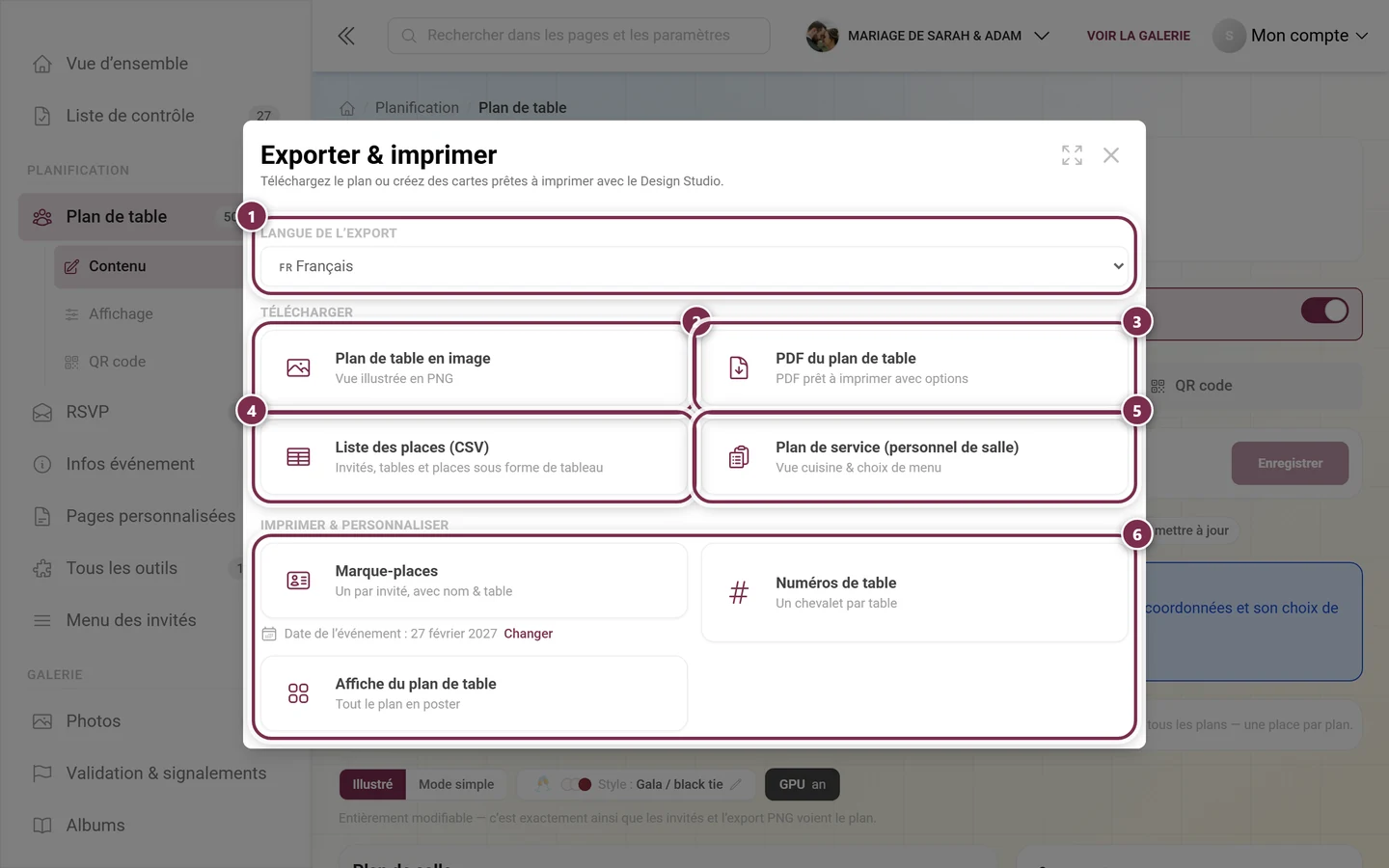 Boîte de dialogue Exporter et imprimer avec le sélecteur de langue, les quatre cartes de téléchargement et la section Imprimer et personnaliser mis en évidence