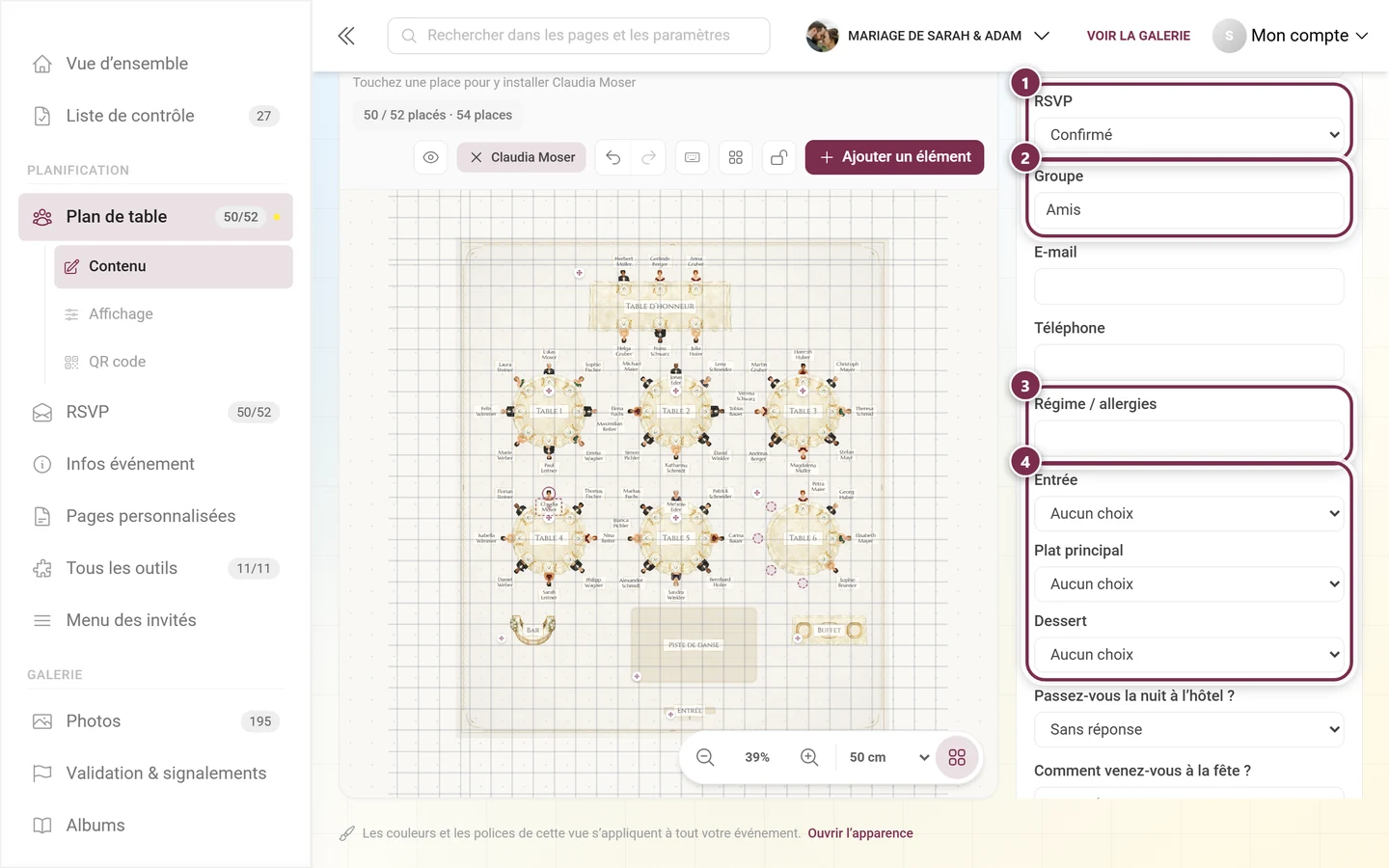 Carte de détails de l'invité dépliée dans le panneau du plan de table avec le champ RSVP, le groupe, le régime et les trois services de menu mis en évidence
