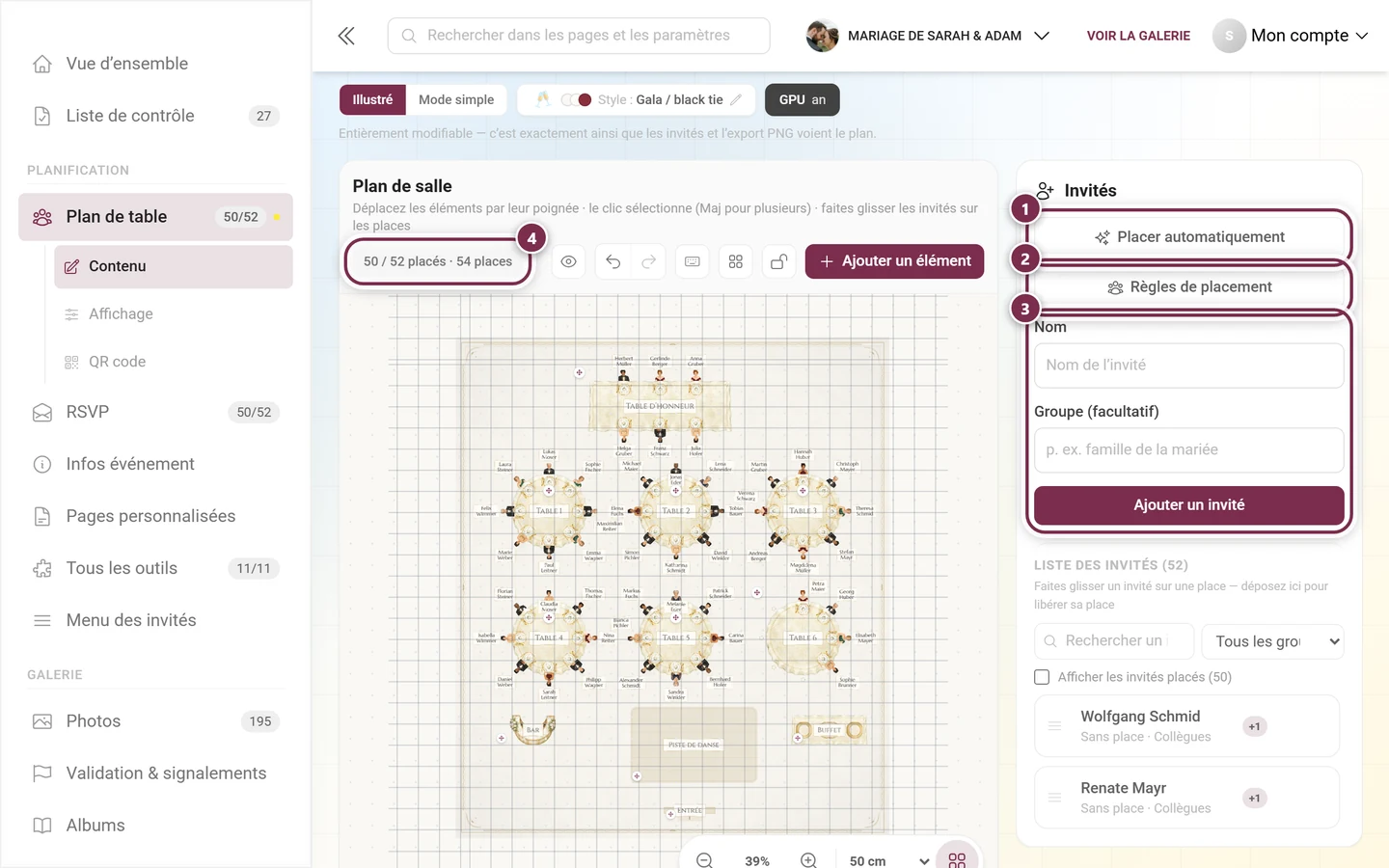 Panneau des invités avec les boutons Placer automatiquement et Règles de placement mis en évidence, le formulaire pour un nouvel invité et la puce de progression au-dessus du plan
