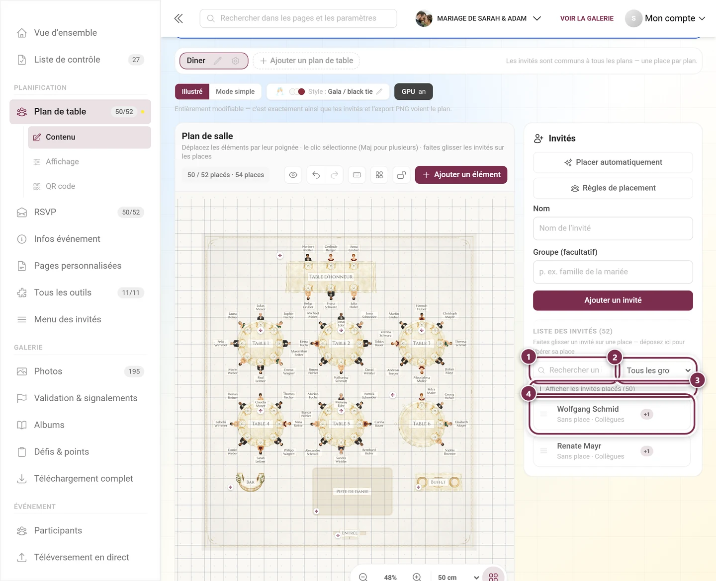 Panneau des invités avec la recherche, le filtre de groupe, la case à cocher pour les invités placés et une ligne d'invité sans place mise en évidence